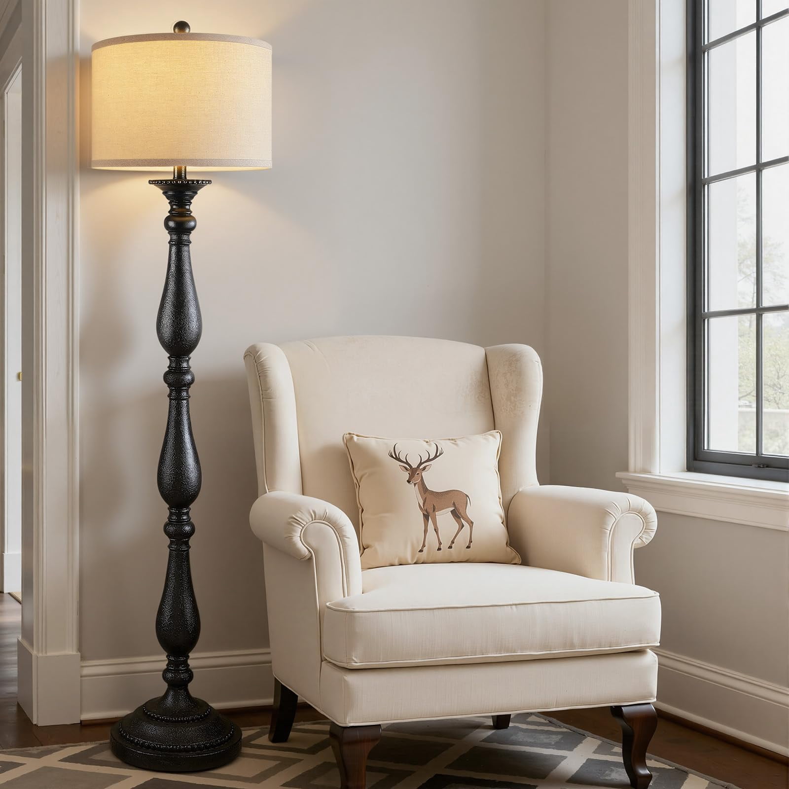 Lumina Decor Vintage Floor Lamp Rustic Farmhouse Standing Light with Linen Shade (Black, 60 in) uay29