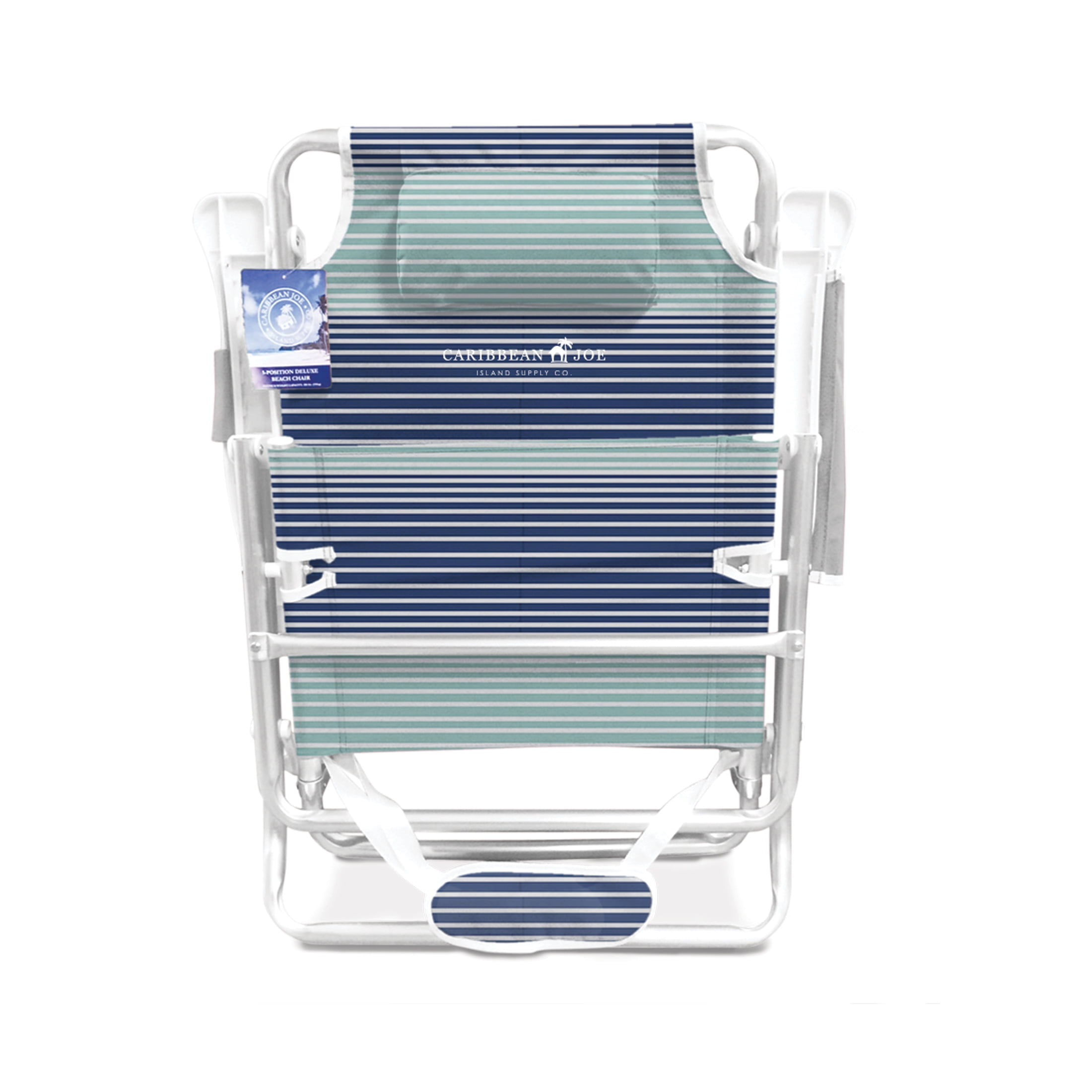 Caribbean Joe 5-Position Reclining Beach Chair with Storage and Headrest (Blue Teal Stripes, 250 lb Capacity) 2e1z9