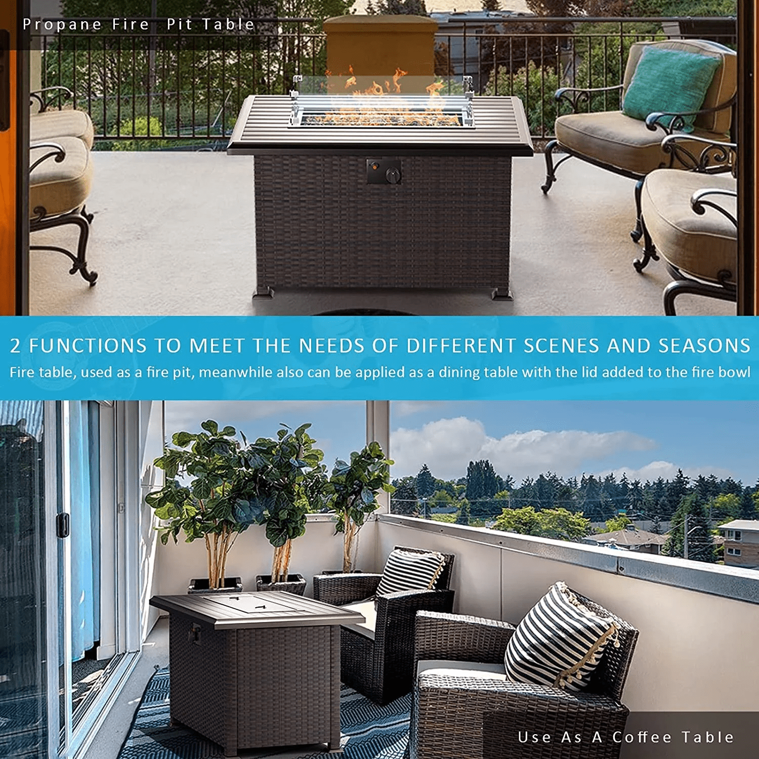 Gotland 43.3 in Rattan Propane Fire Pit Table, Rectangle Gas Fireplace with Windshield and Weather Cover (Brown, 43.3 in) ndwrs