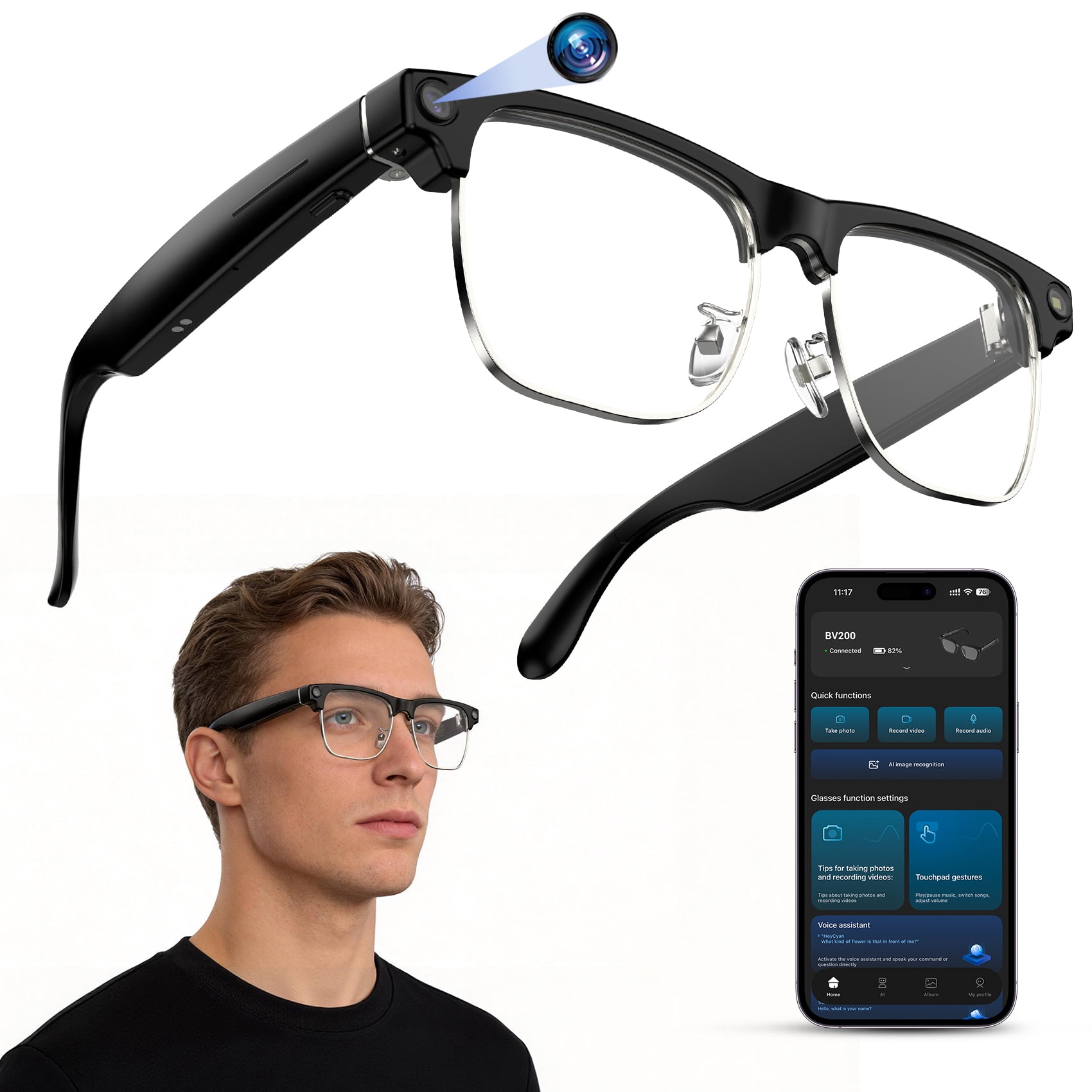 Blackview AI Smart Glasses with 1080P Camera, Real-Time Translation, and Polarized Lenses (Black, One Size) 7smet
