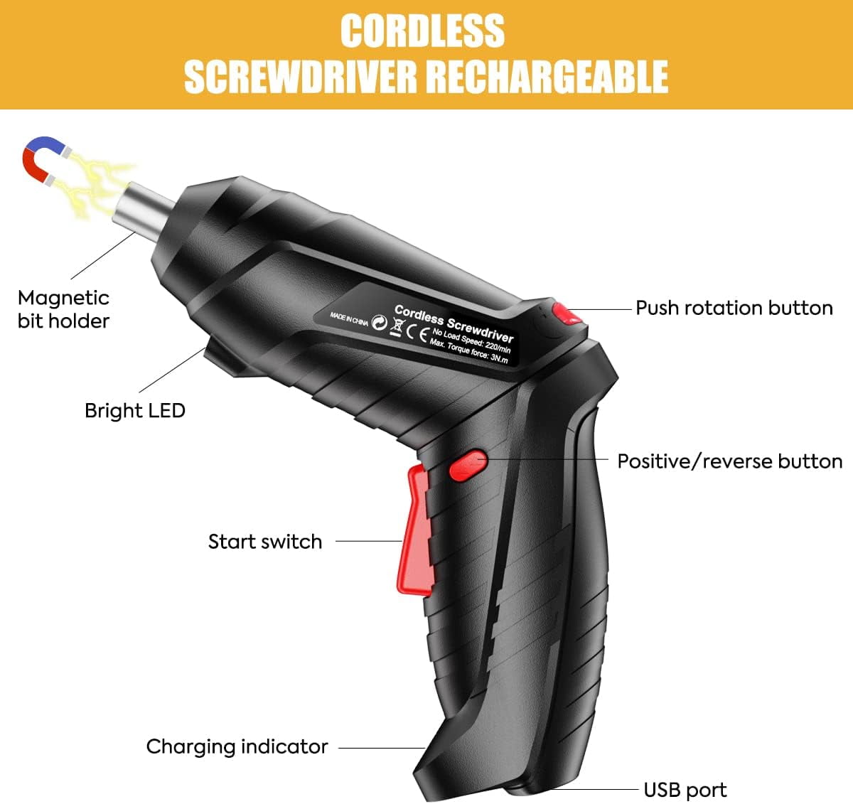 BN-LINK Cordless Electric Screwdriver Set, USB Rechargeable Power Tool with Rotating Handle, LED Light, and 45-Piece Accessory Kit 8hzow - Image 6