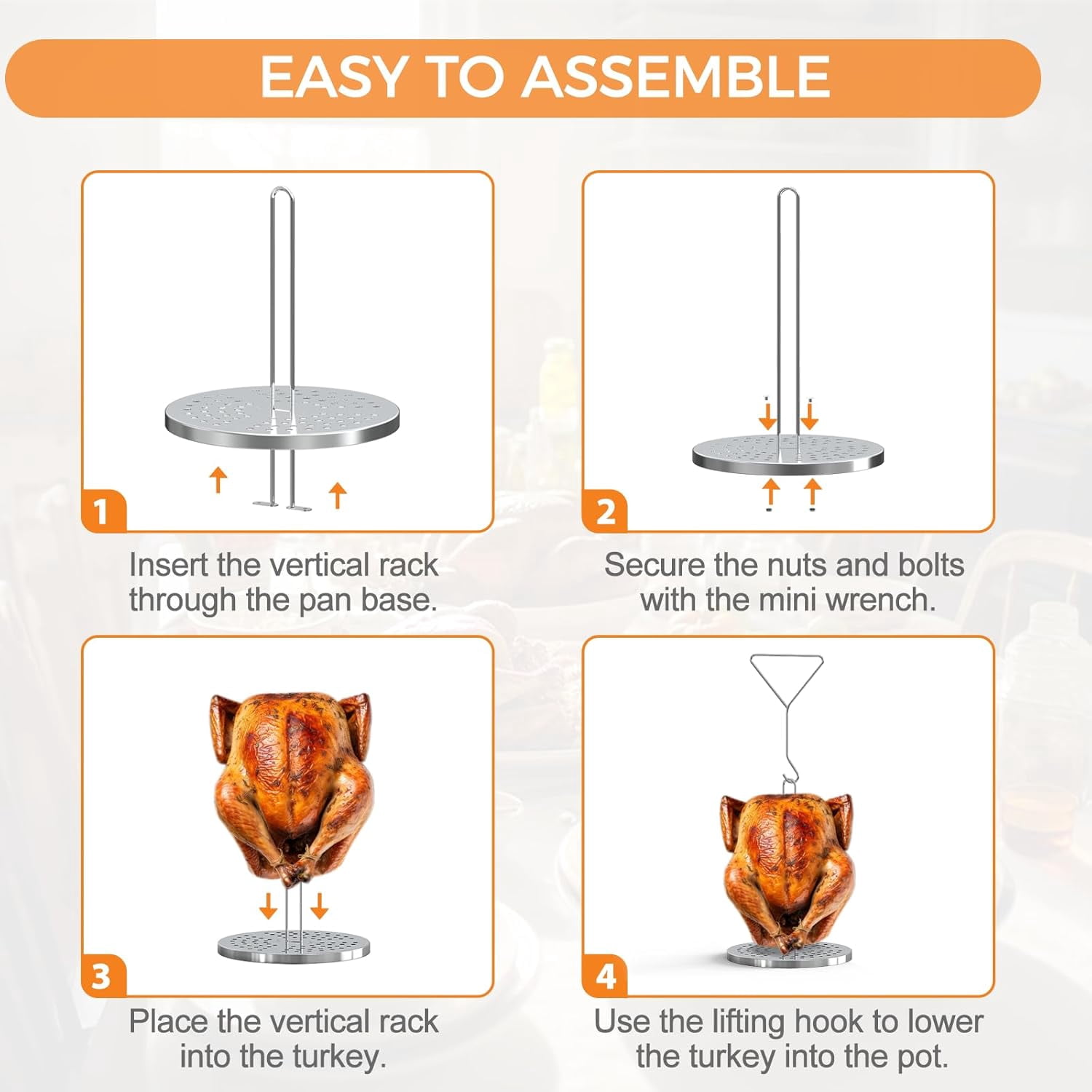 Zeokiar Turkey Fryer Rack and Vertical Chicken Roasting Stand with Lifter Hook (1 Piece) iizxw