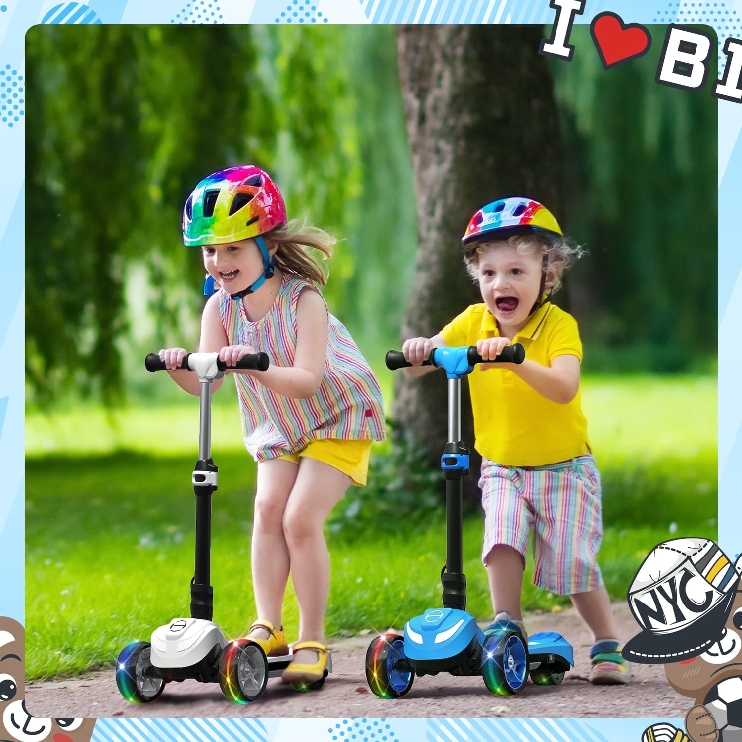 Rolldustry Electric Scooter for Kids, Foldable 3-Wheel Ride-On with LED Lights and Adjustable Handlebar (Blue, 110 lb Capacity) ye9w7