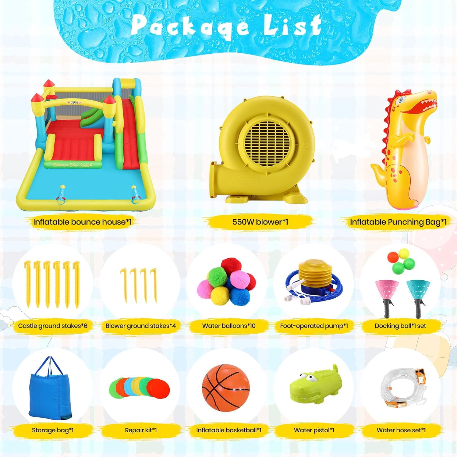 Veeboto Inflatable Water Slide Park with Blower, Bounce House with Climbing Wall and Basketball Hoop (Multi-color, 187 x 133 x 80 in) 0vefp