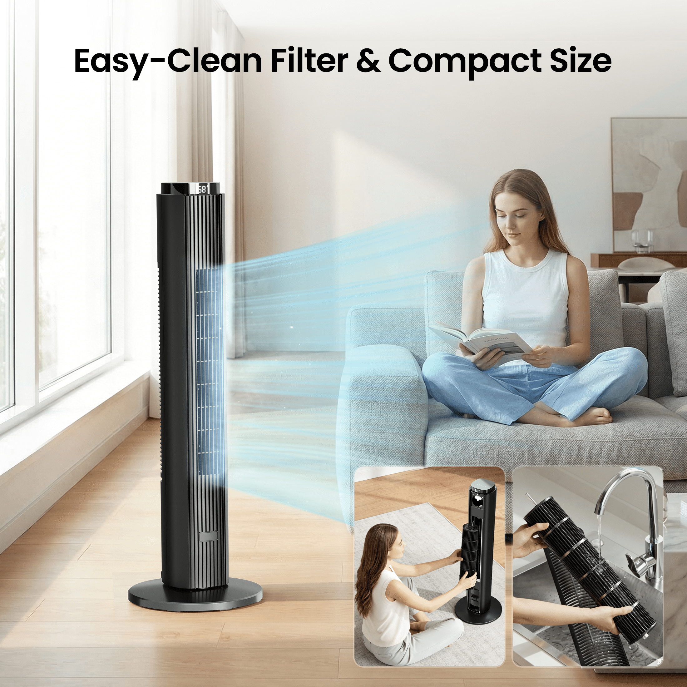 KissAir 37 in Tower Fan with Remote, 6 Speeds, 90 Degree Oscillation, Quiet Bladeless Cooling for Home and Office (Black, 37 in) 28axd