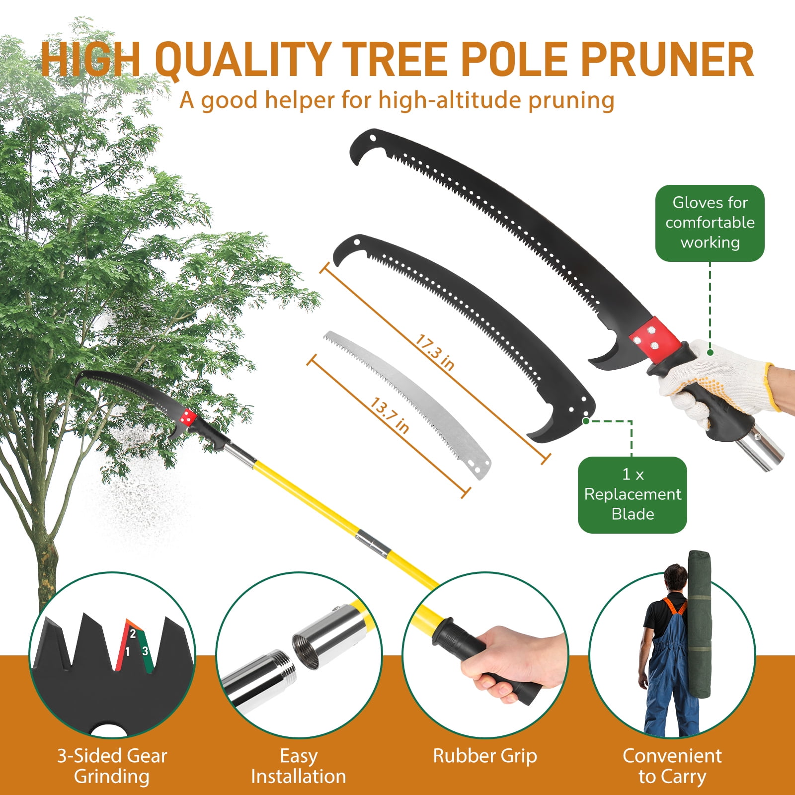 Ktaxon 24FT Manual Pole Saw, Heavy-Duty Tree Trimmer with Steel Blade for Yard and Garden (Yellow, 24 ft) 6mf2m