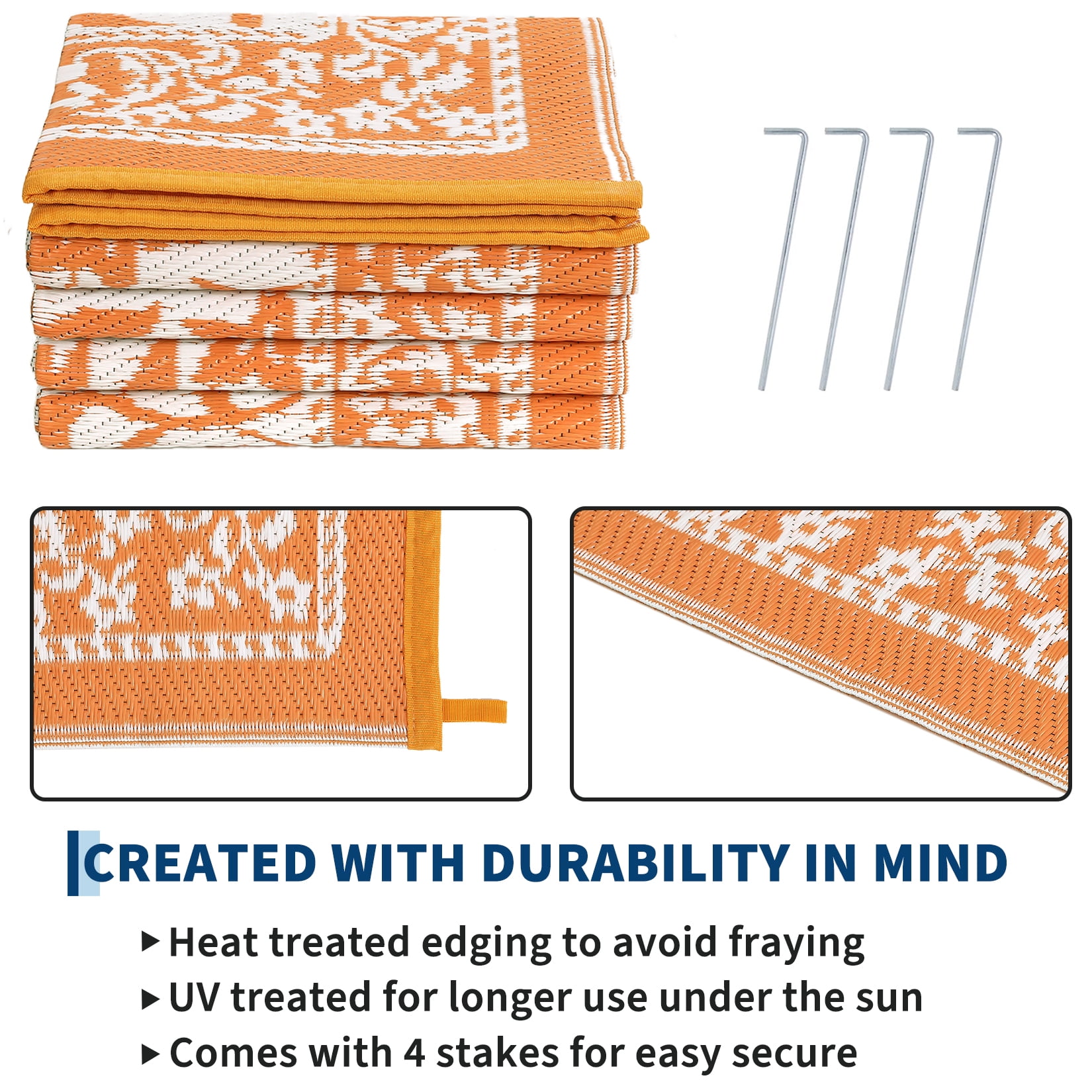 NANAN Outdoor Rug, Waterproof Plastic Straw Patio Mat, Botanical Floral Pattern for Deck Beach RV (Orange White, 8 ft x 10 ft) 542lf