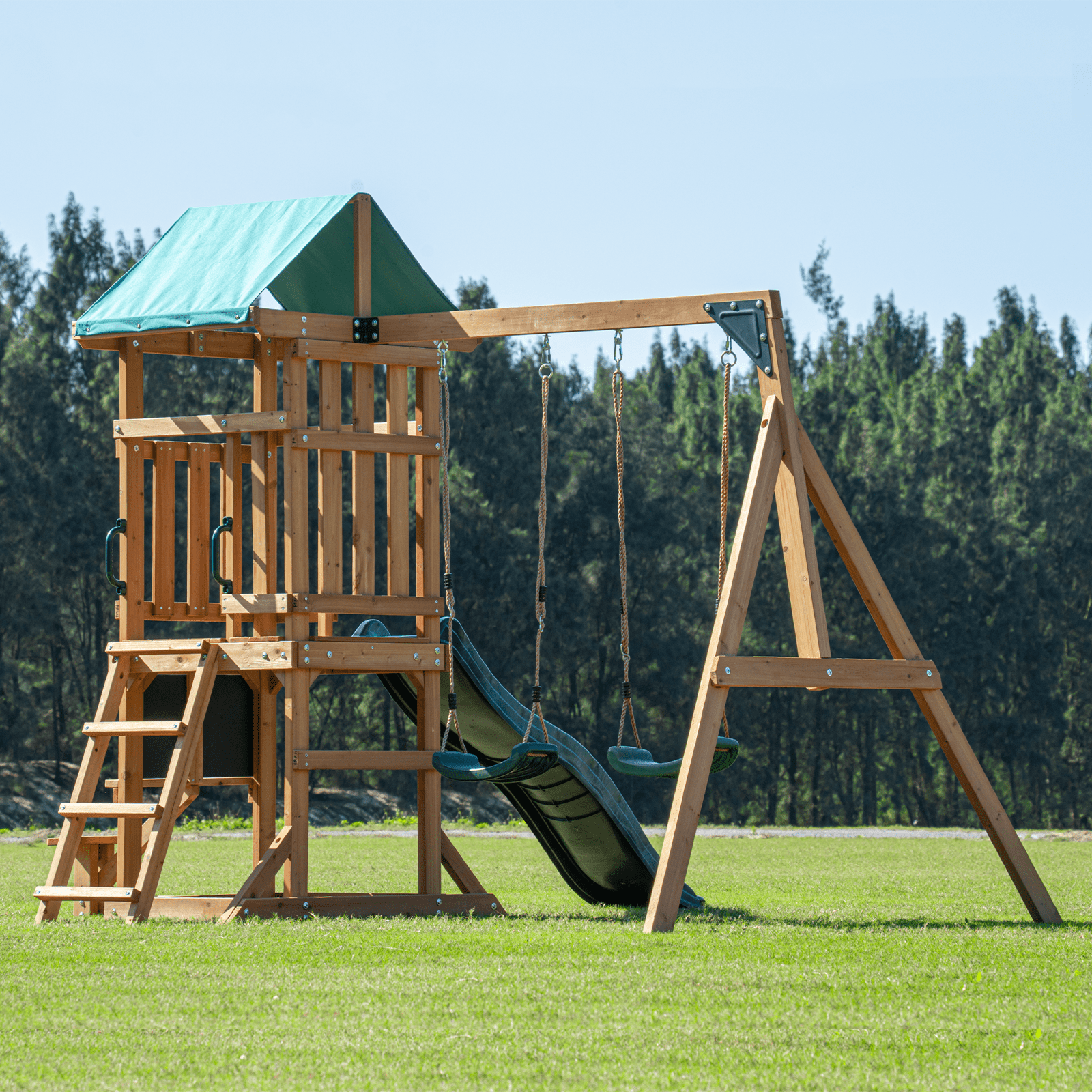 DOLPHIN PLAYGROUND Wooden Outdoor Playset with Dual Swings, Slide, and Playhouse (Natural Wood, 7-Child Capacity) 51qa3