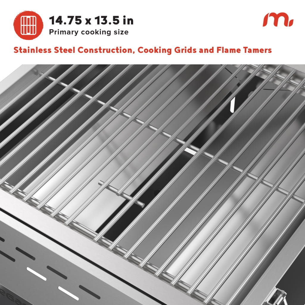 Megamaster 2-Burner Stainless Steel Portable Gas Grill, Tabletop Propane Grill for Camping and Outdoor Cooking (Silver, 199 sq in) 3shmc