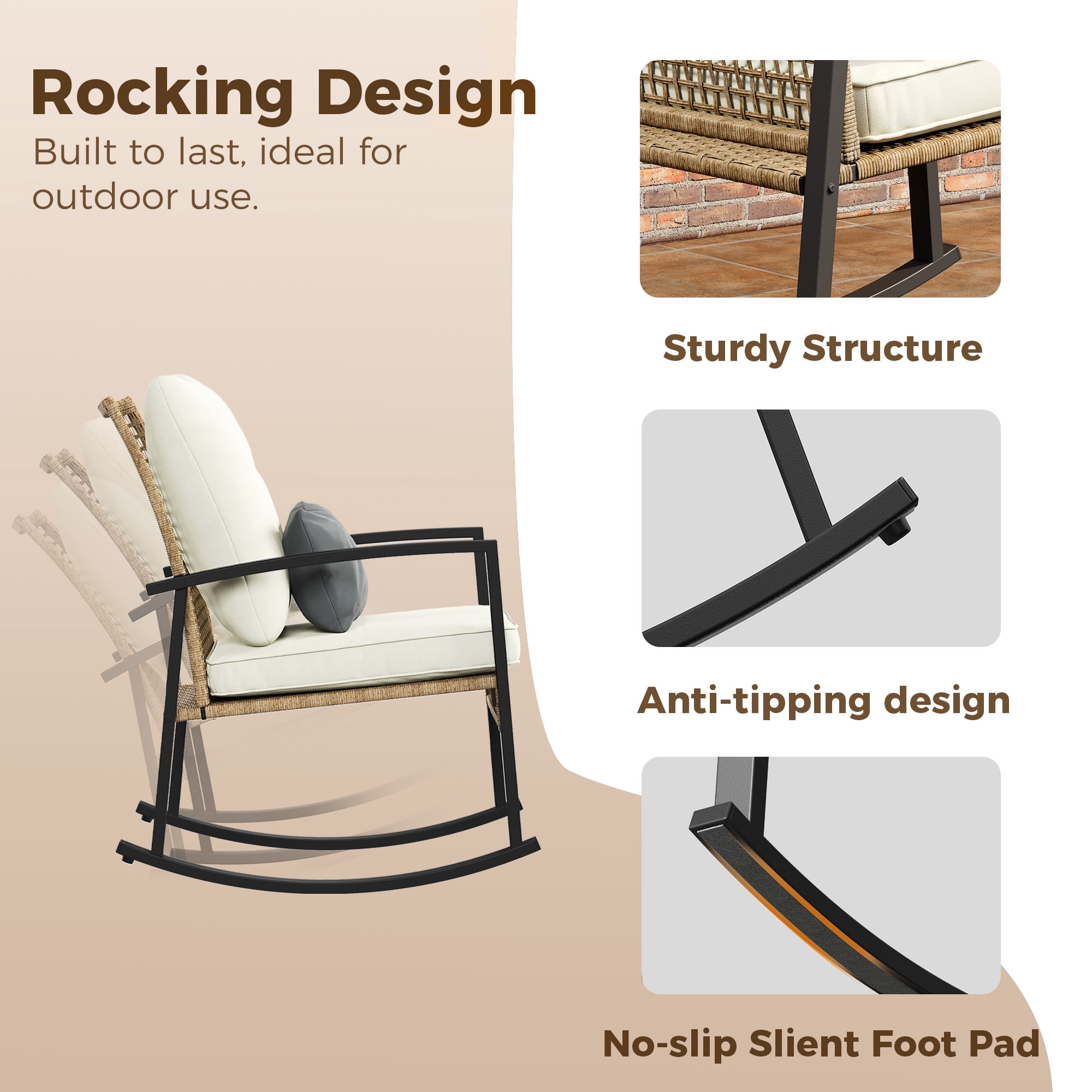 LAZZO 3-Piece Patio Conversation Set, PE Wicker Rocking Chairs with Lumbar Pillows and Tempered Glass Coffee Table (Beige, 3-Piece Set) 8kot2