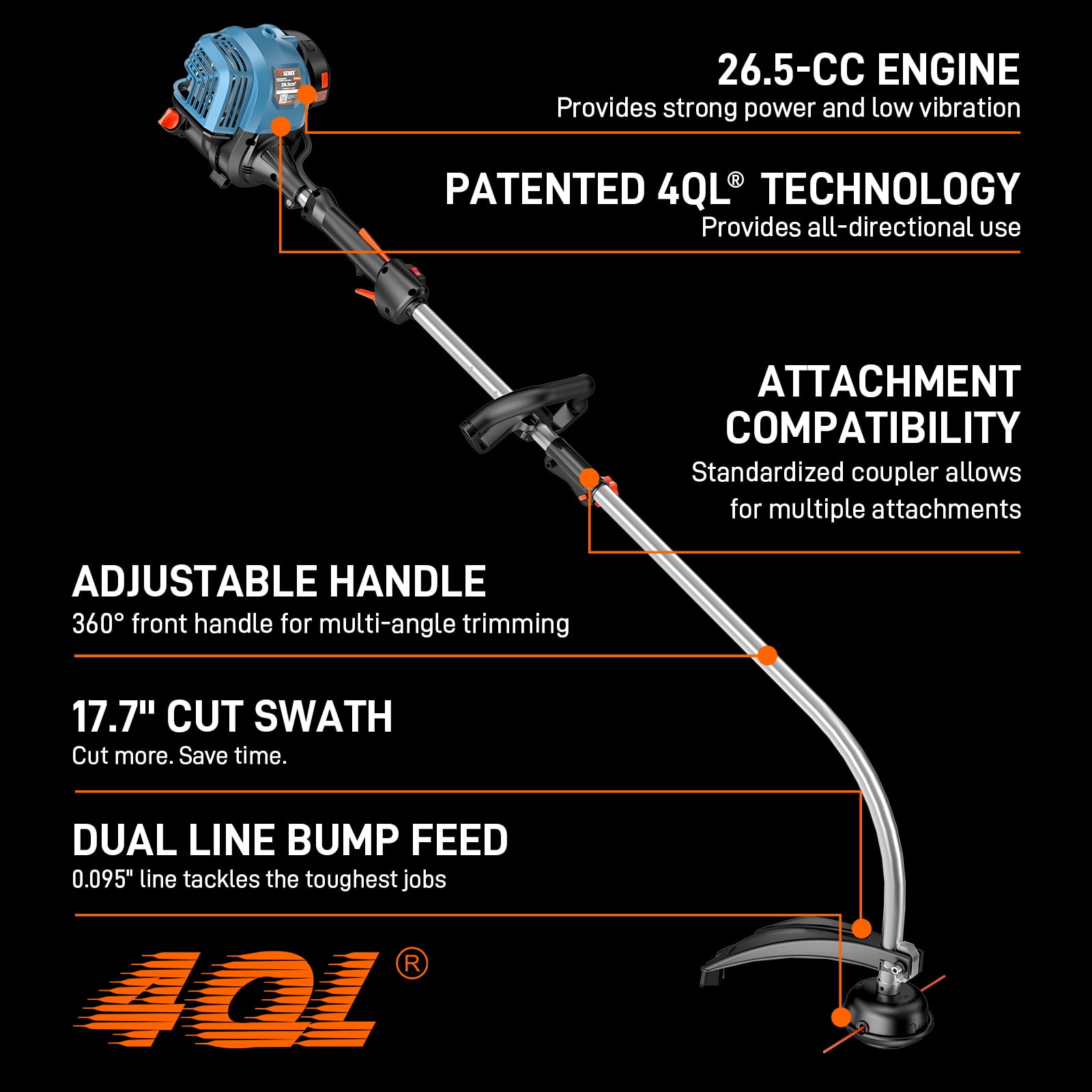 Senix 26.5cc 4-Cycle Gas String Trimmer, 17.7 in Cutting Width, Curved Shaft Weed Eater (11.3 lb) xmgv6