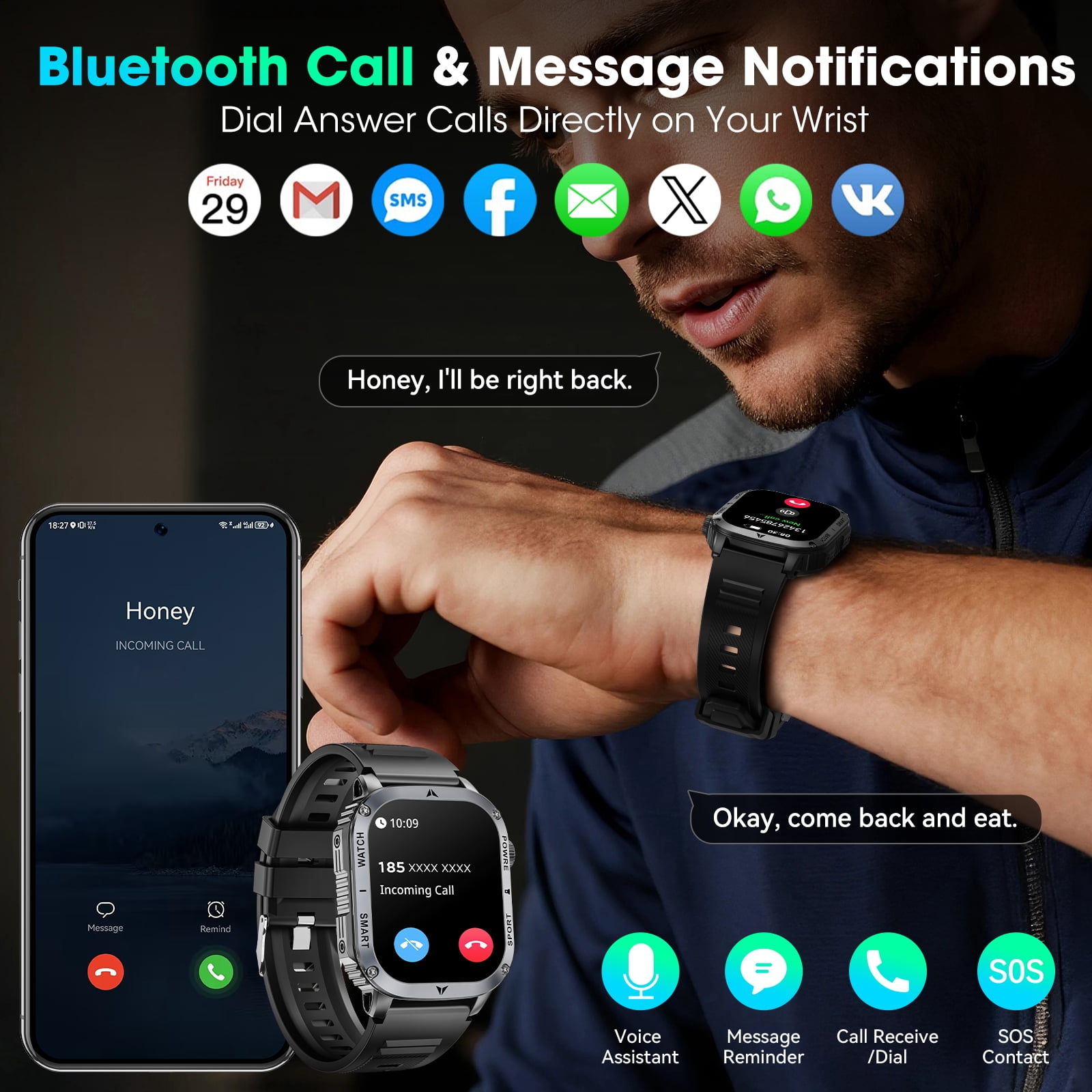 Haulvean Military Smart Watch for Men, Bluetooth Calling Fitness Tracker with 100+ Sport Modes and IP68 Waterproof Rating (Black, 2.01 in) op5xm