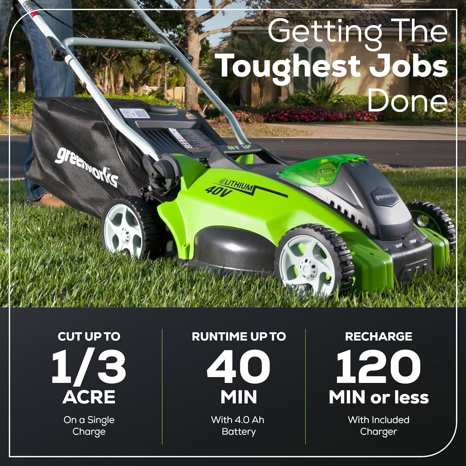 Greenworks 40V 16-inch Cordless Push Lawn Mower with 4.0 Ah Battery and Charger (Green, 16 in) 99ryg