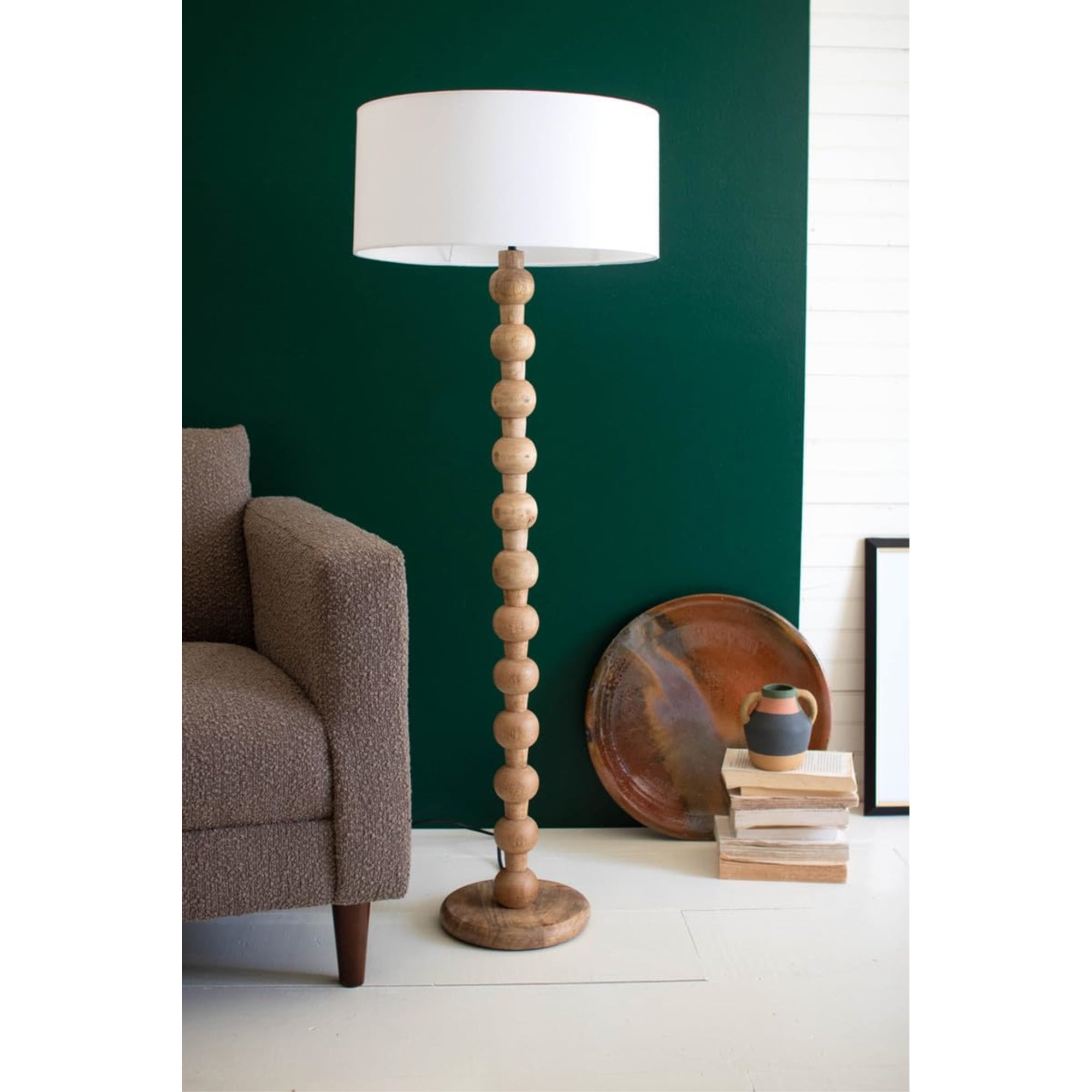 Kalalou Carved Wooden Floor Lamp with Off-White Cotton Barrel Shade (White, 1 Unit) q0btr