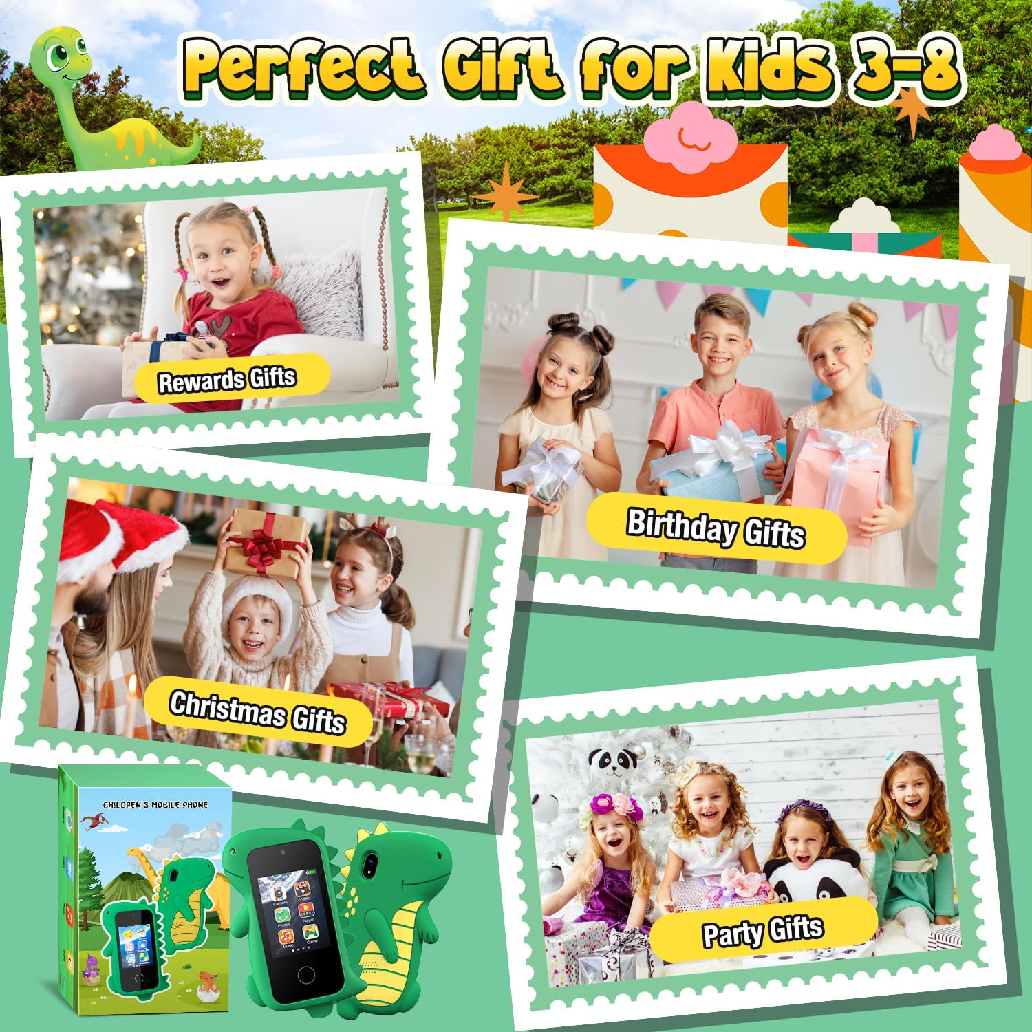 Gofunly Kids Smartphone Toy with Dual Camera and 32GB SD Card (Green, 2.8 in) 6d9p7