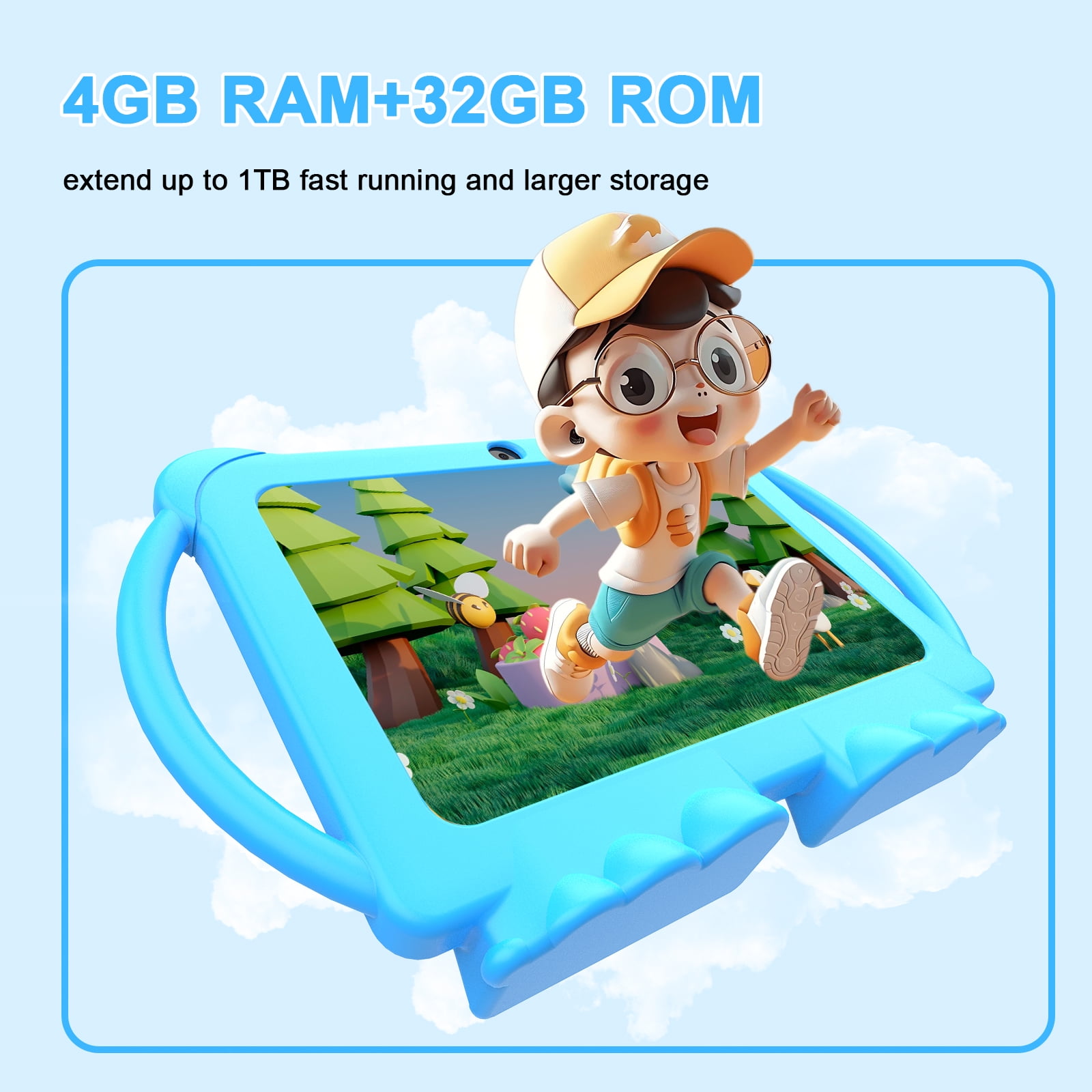 HDTABLET 7 in Android Kids Tablet with Parental Control, Educational Learning Device, Shockproof Case (Blue, 32GB) wkyof