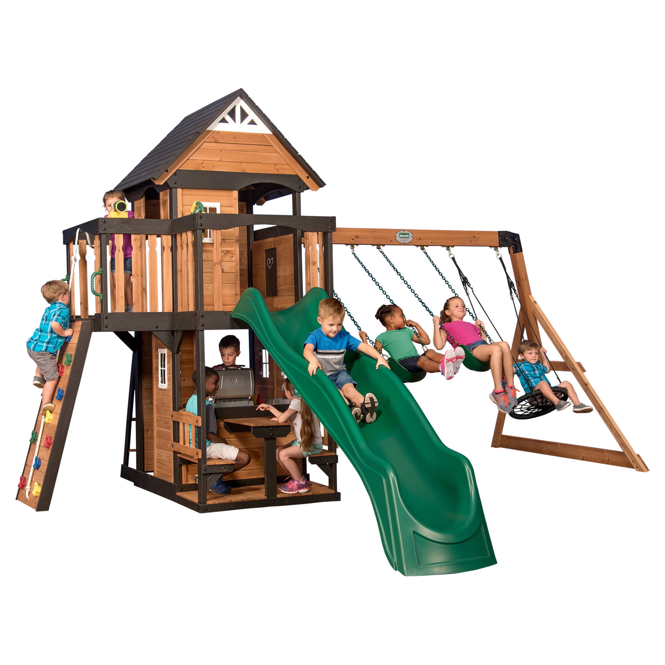 Backyard Discovery Canyon Creek Cedar Wood Swing Set with Slide, Clubhouse, and Rock Wall (Brown, 11-Child Capacity) 0hwjp