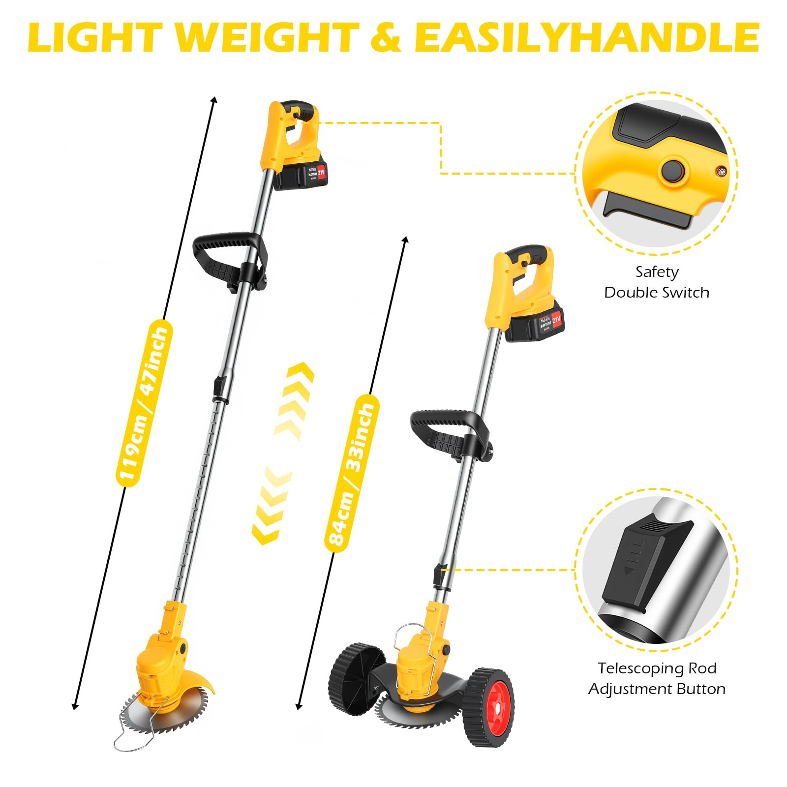 CATGOOD Cordless Electric Weed Trimmer with Wheels, 650W Grass Edger and Brush Cutter, Adjustable Shaft (Yellow, 2-Battery Pack) knlph