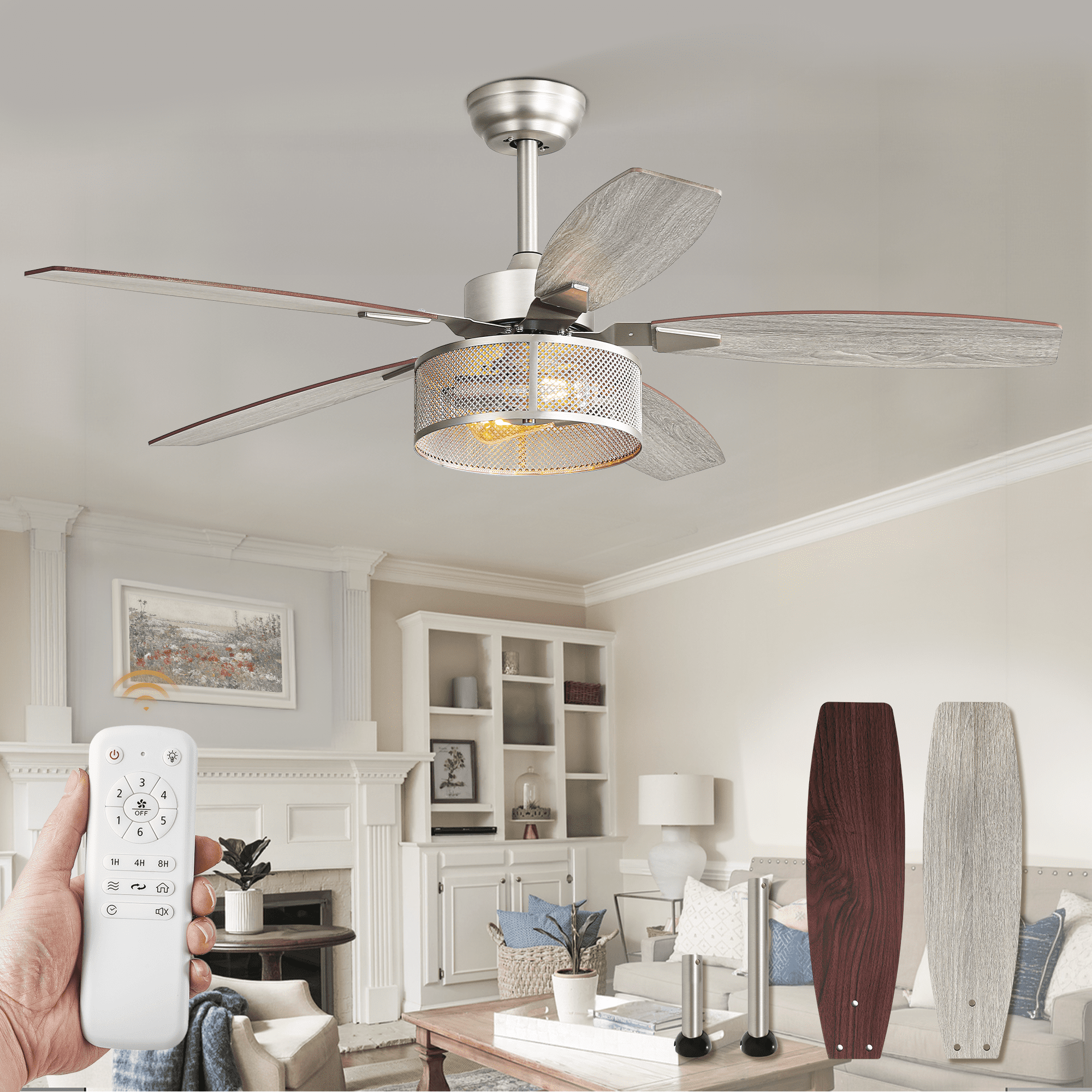 Zardon 52 in Ceiling Fan with Light and Remote Control, Brushed Nickel Finish, 6-Speed DC Motor, Reversible Blades (52 in) upt6i