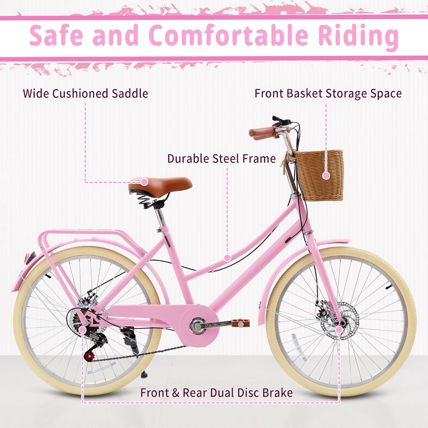 DEYGIA 20 Inch 7-Speed Retro Cruiser Kids Bike with Rattan Basket (Pink, 20 in) gt5nq