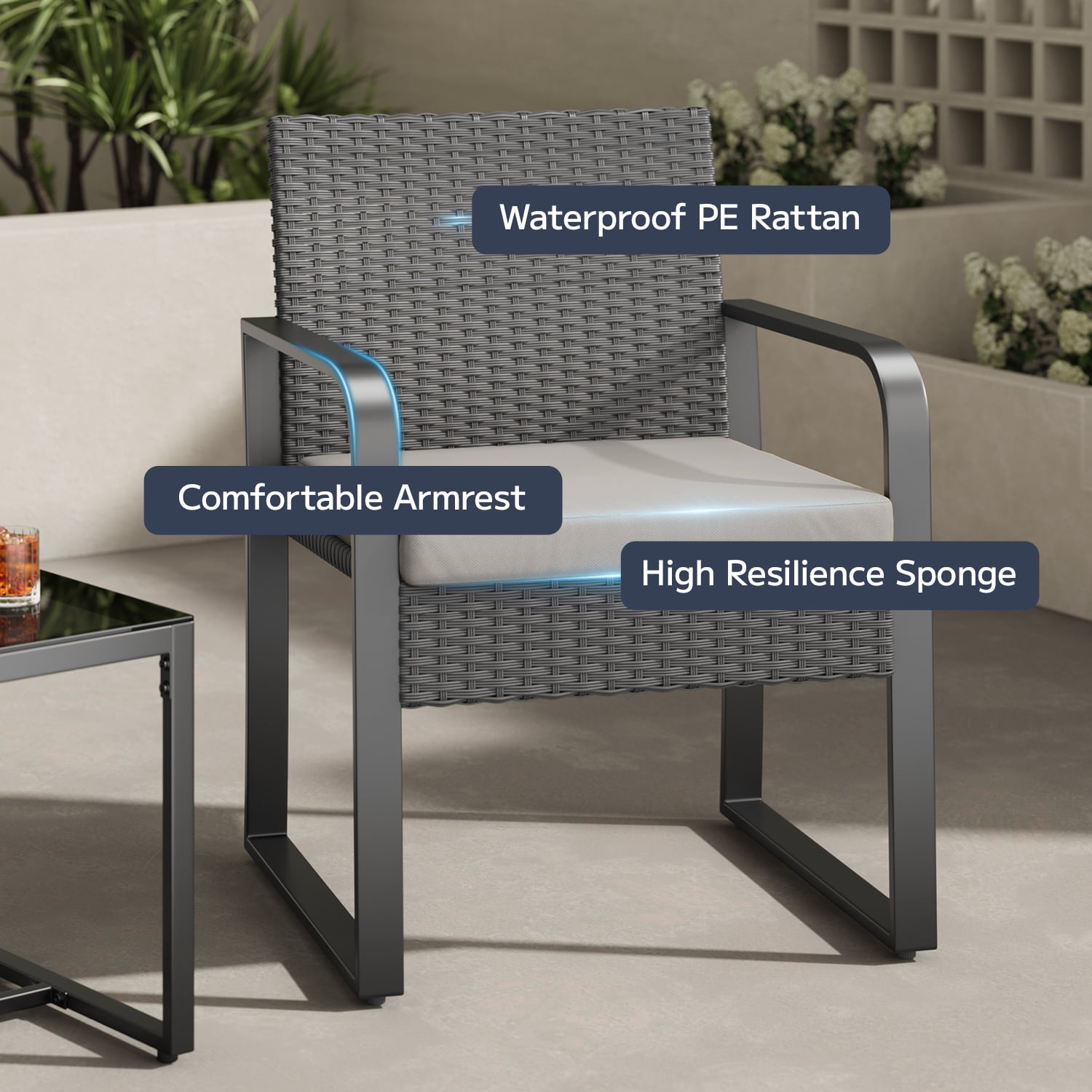 Asofer 3-Piece Outdoor Patio Furniture Set, All-Weather Wicker Bistro Chairs with Tempered Glass Table (Gray, 3-Piece Set) aovhk