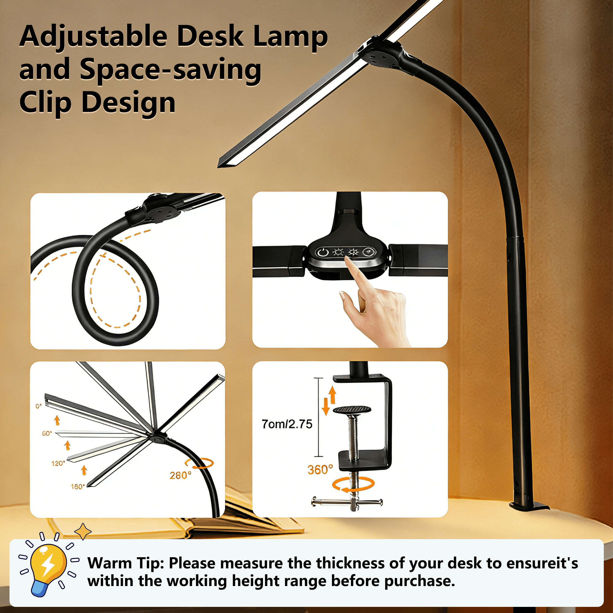 Alichome LED Desk Lamp, Clip-On Task Light with Flexible Gooseneck, 5 Brightness Levels & 4 Color Modes (Black, 2 in Clamp) y7pbw