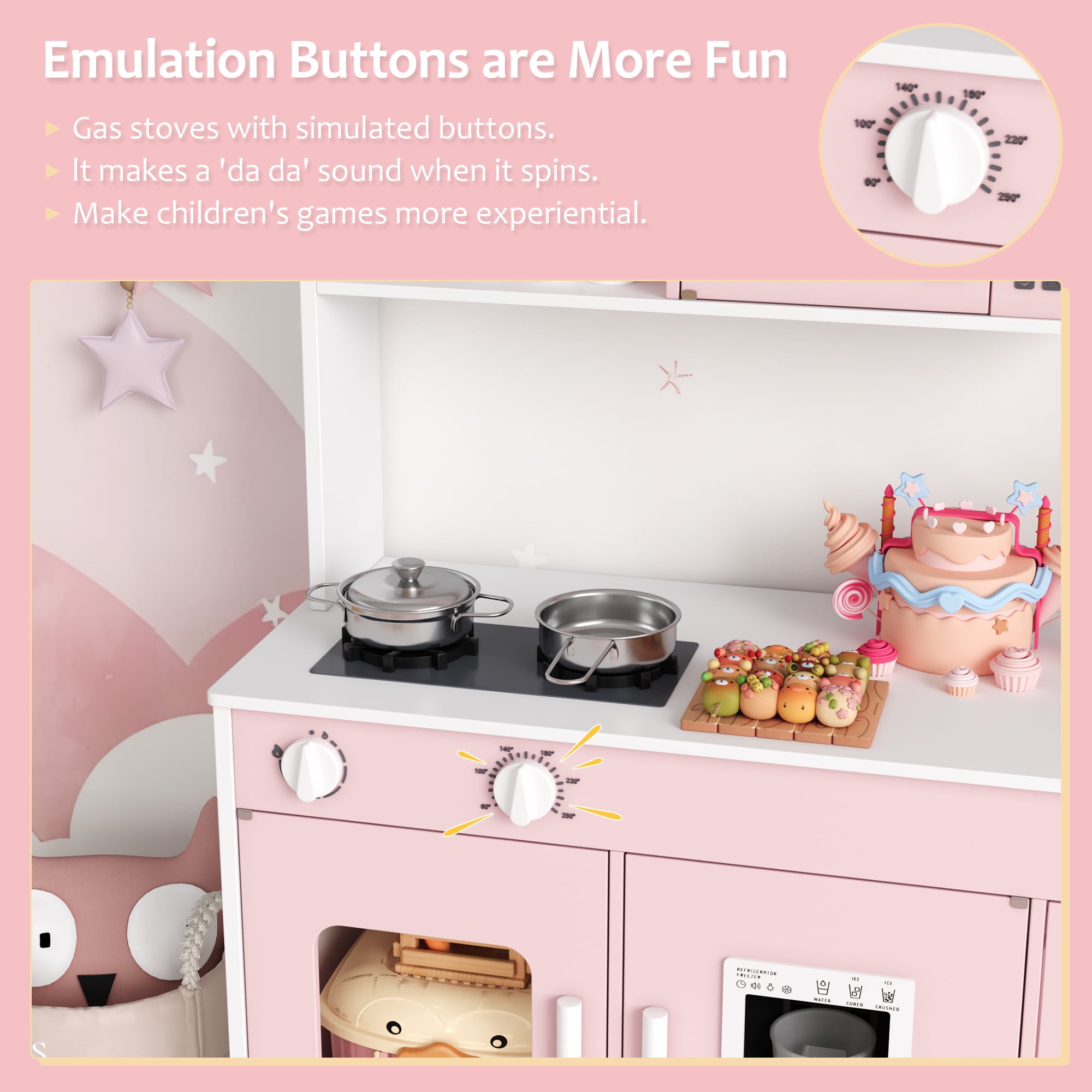 Hiphuta Wooden Kids Play Kitchen Set with 11 Accessories, Interactive Pretend Cooking Station (Pink, 1 Set) rk68r
