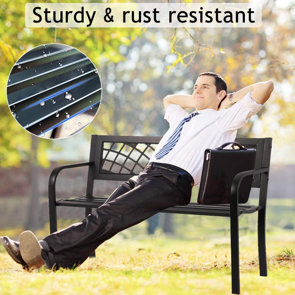 NiamVelo Outdoor Metal Garden Bench, Rust-Resistant Steel Patio Park Chair with Mesh Pattern (Black, 45.5 in x 21.7 in x 30 in) e06dq