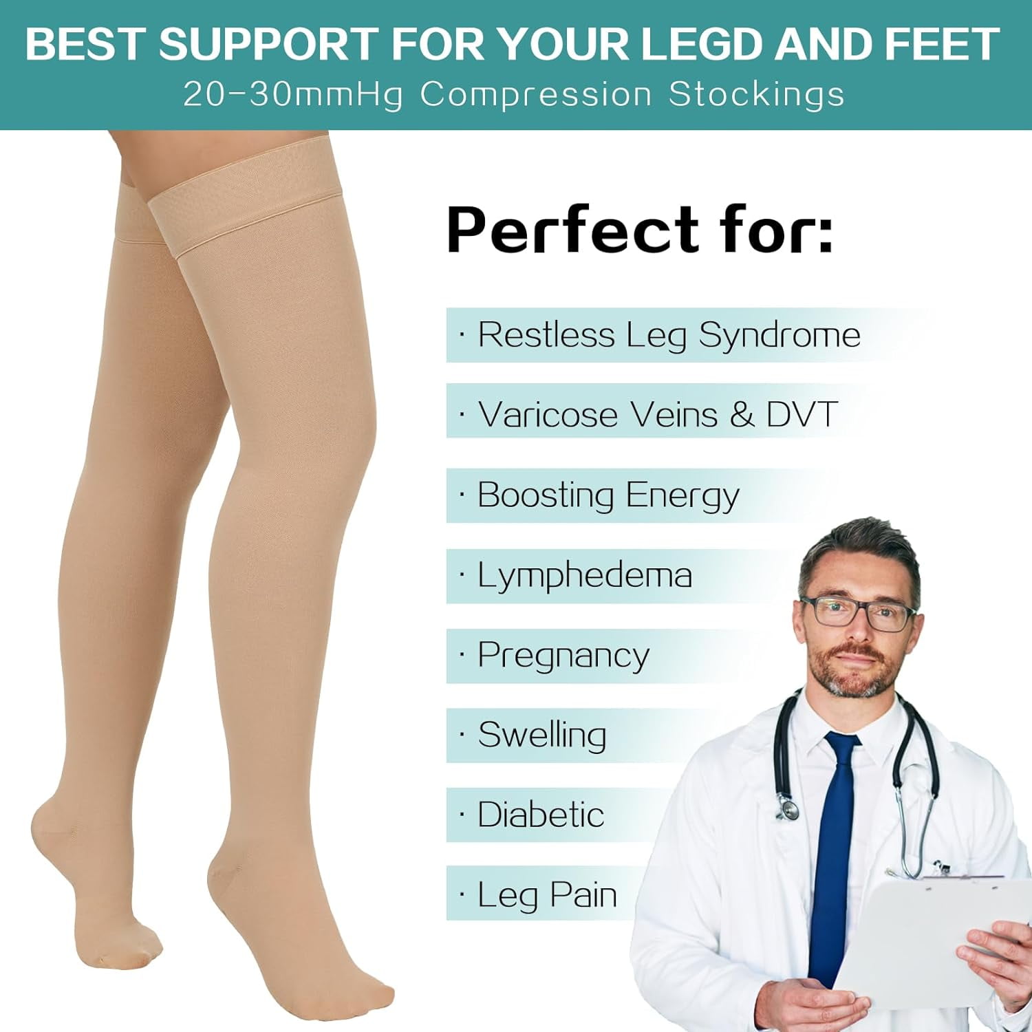 Wukang Thigh High Compression Stockings 20-30 mmHg Closed Toe Support Socks (Beige and Black, 2 Pair Pack) tc00x