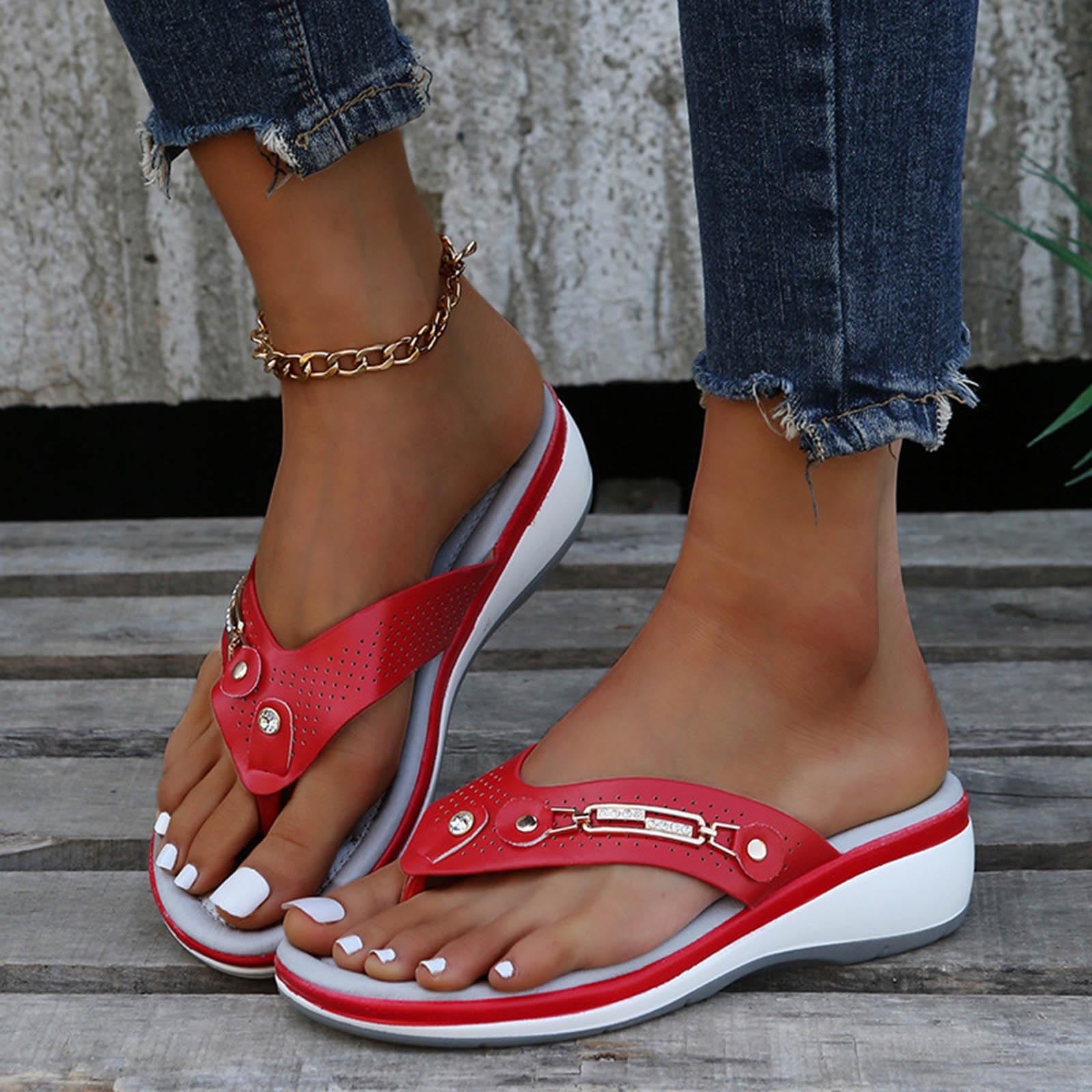 Sawvnm Orthopedic Wedge Sandals for Women Arch Support Open Toe Beach Slippers (Red, US 4.5) g1rd8