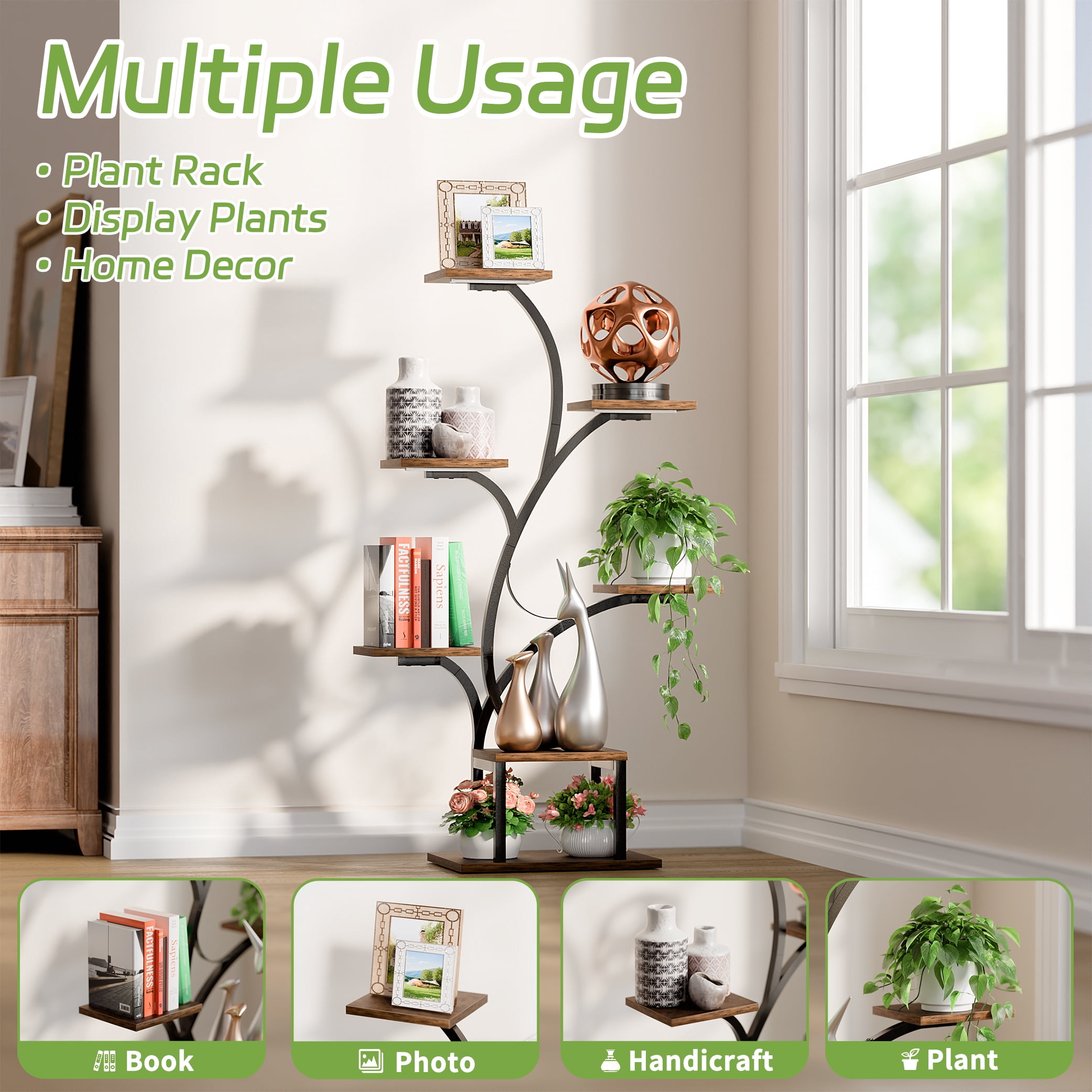 BECOKOME 7-Tier Indoor Plant Stand with LED Grow Lights, Vertical Corner Flower Display Rack (Black, 49 in) 4qr55