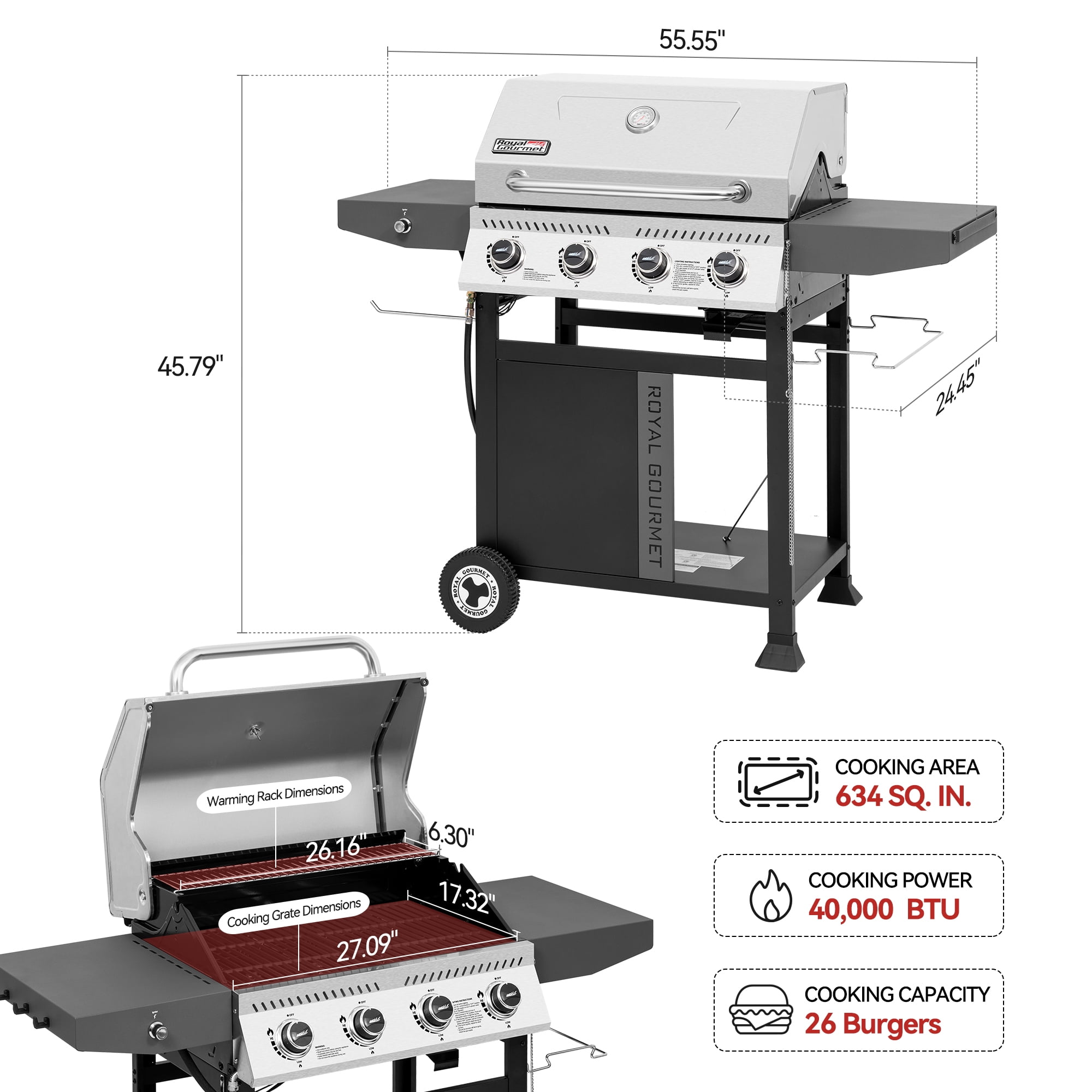 Royal Gourmet GA4405TS 4-Burner Gas Grill with Stainless Steel Lid and Side Shelves (Silver, 55.55 in L x 24.45 in W x 45.79 in H) cfyx7