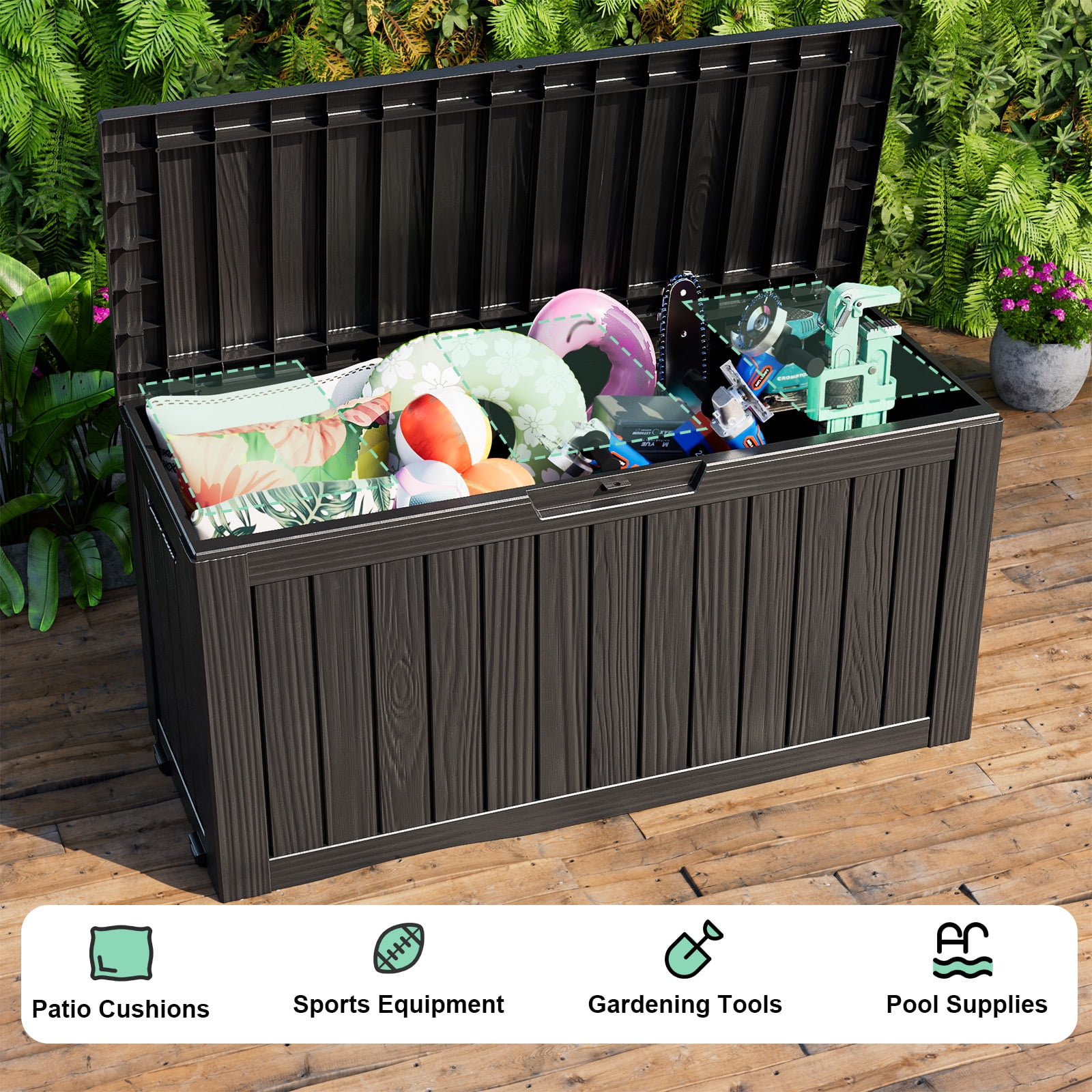 Easy Up 80 Gallon Resin Deck Box, Lockable Outdoor Patio Storage for Garden Tools and Furniture (Black, 46.3 in x 18.7 in x 23.2 in) lgj7n