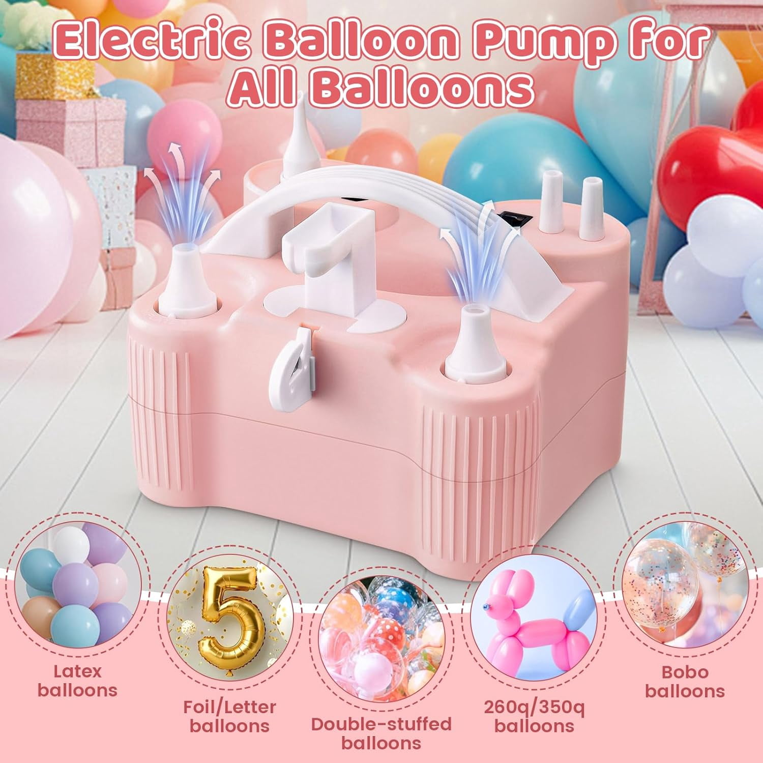 PPXIA 4-in-1 Electric Balloon Pump, Portable Dual Nozzle High Power Air Blower for Latex Foil Balloons and Pool Floats (Pink) d2tbx