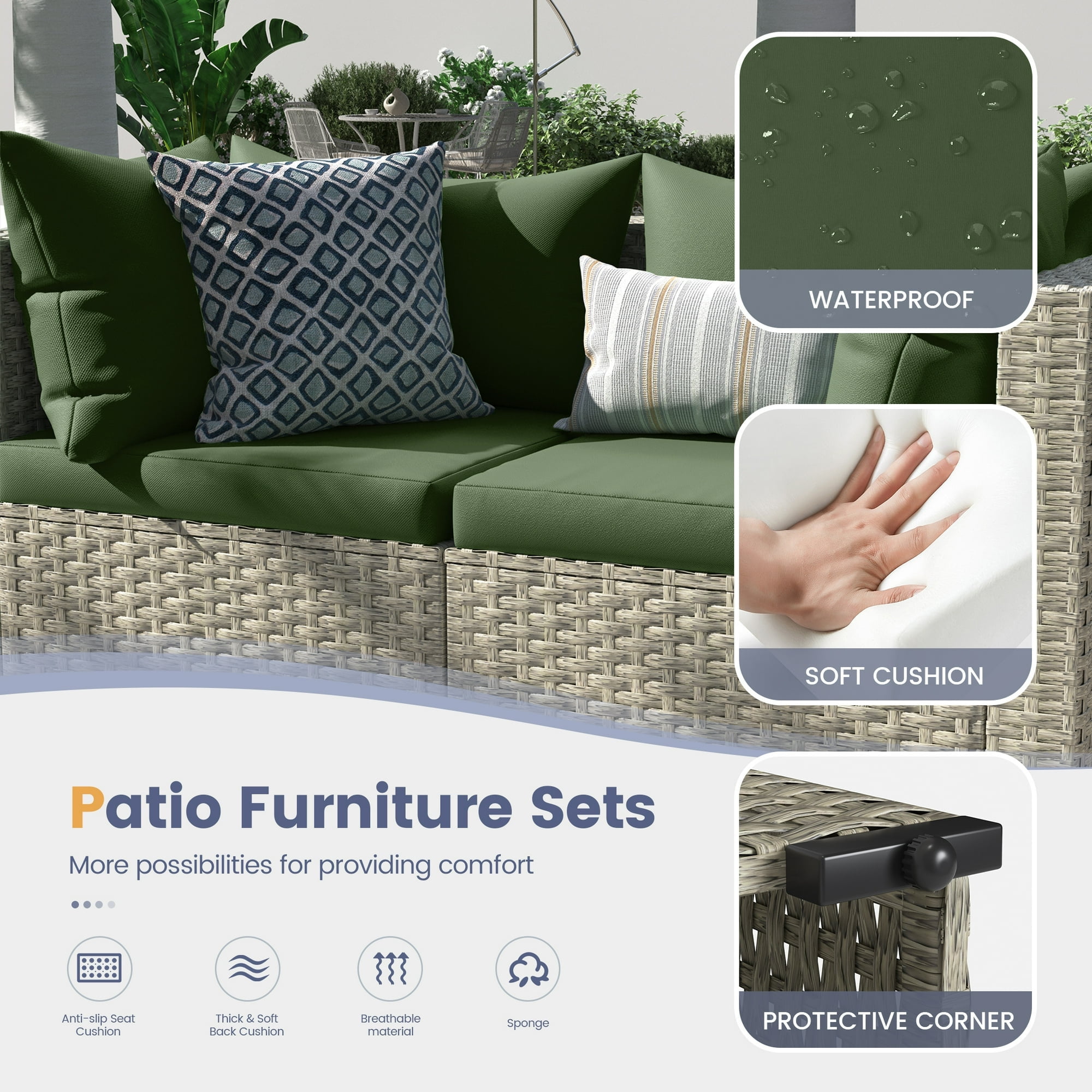 UDPATIO Modular Rattan Outdoor Patio Furniture Set, Weather-Resistant Wicker Sectional Sofa with Cushions (Green, 5-Piece Set) 1kutj