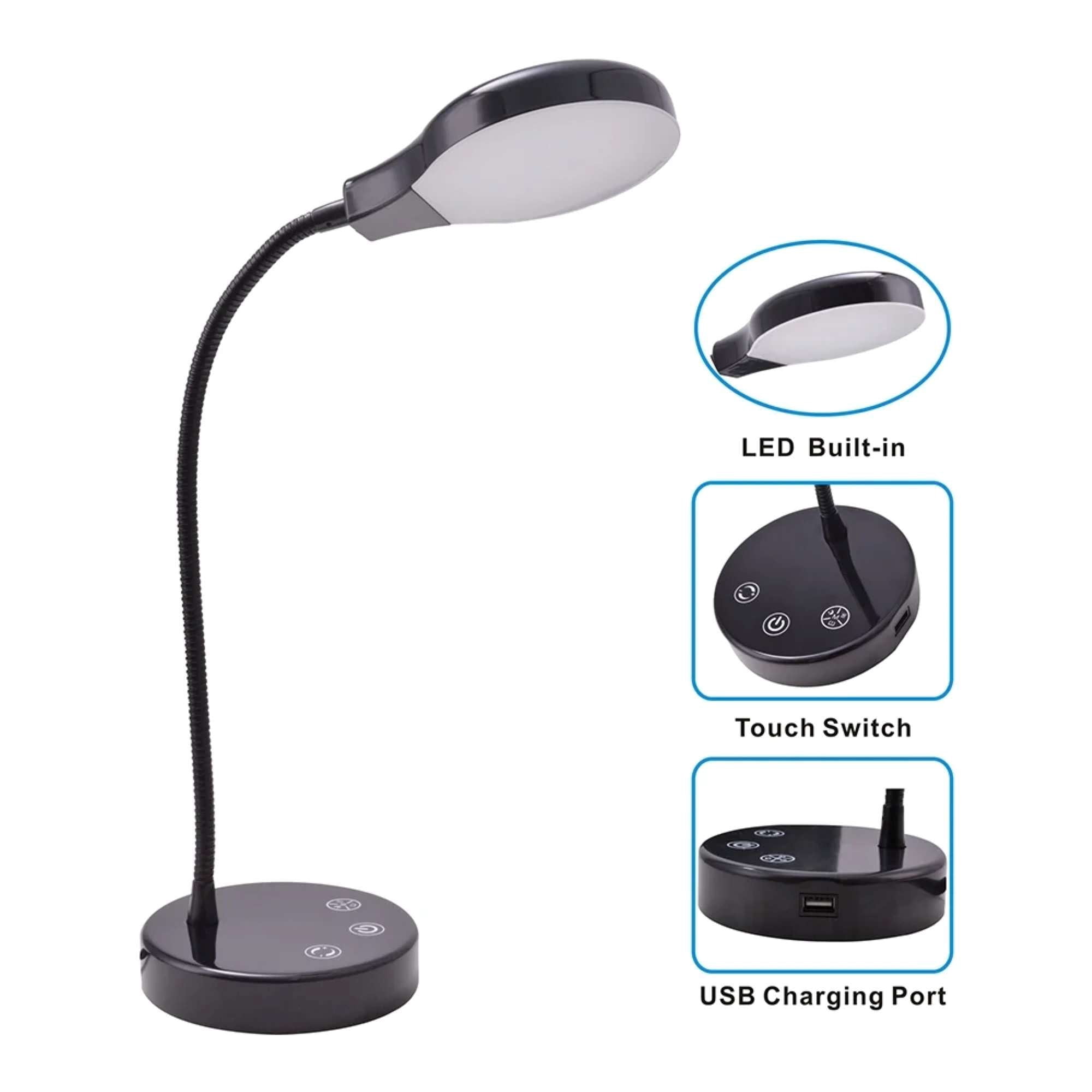 Mainstays LED Desk Lamp, Dimmable Touch Control Table Light with USB Charging Port (Black, 14.3 in) y58da