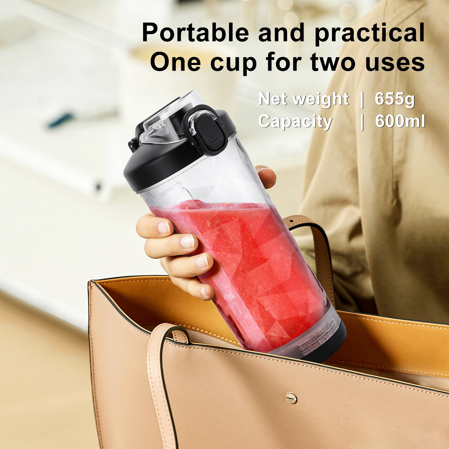 TINANA Portable Blender for Smoothies, USB Rechargeable Personal Mixer with Travel Lid (Black, 20 oz) aous9