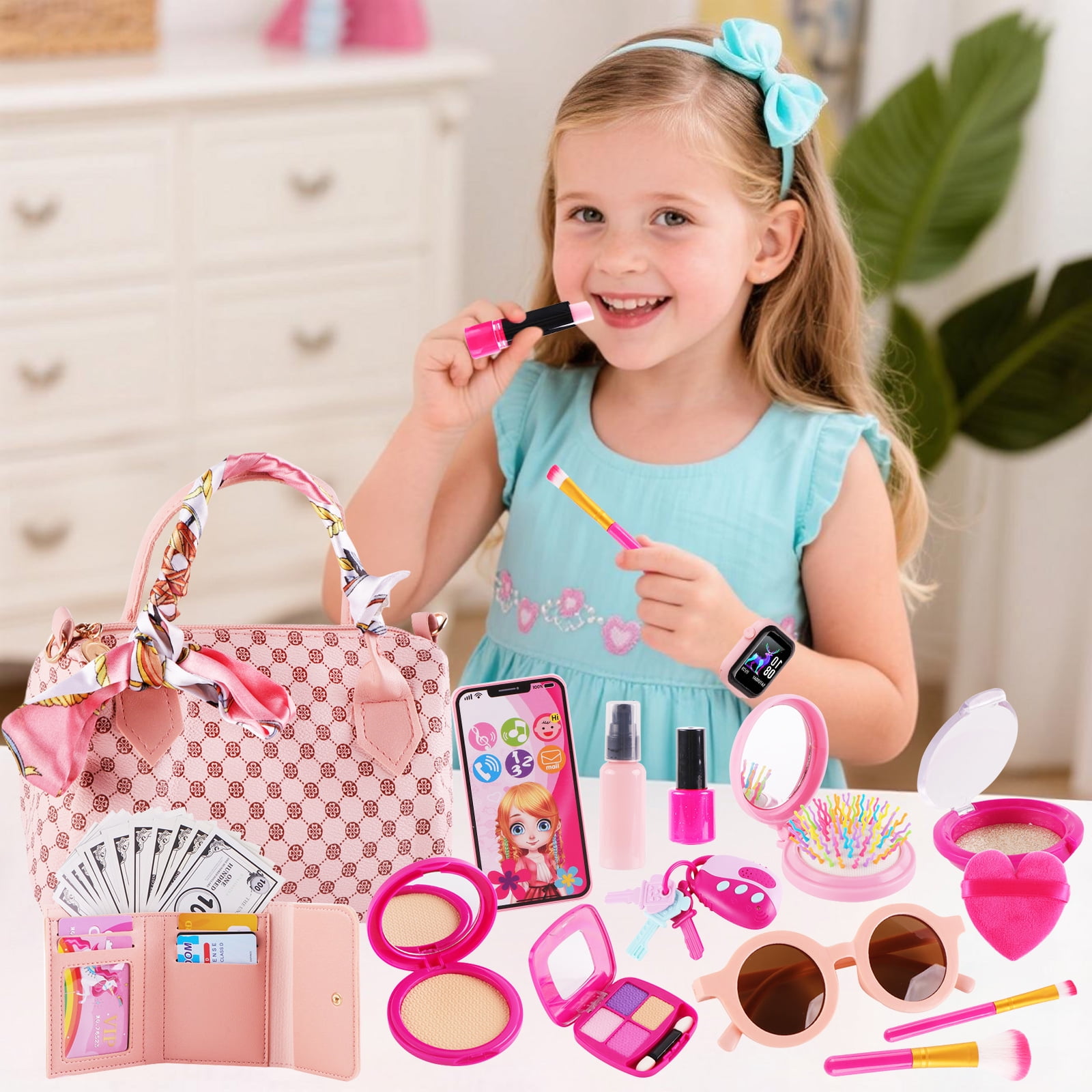 TiokMc Pretend Play Purse Set for Girls, 38-Piece Toddler Handbag with Makeup Toys and Accessories (Pink, 1.01 lb) 0741z