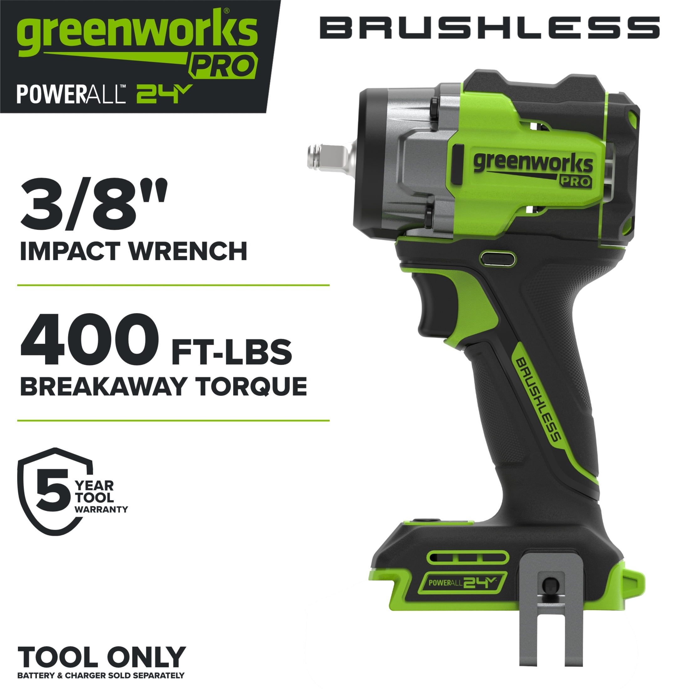 Greenworks Pro PowerAll 24V Brushless 3/8-inch Impact Wrench with 400 ft-lb Breakaway Torque (Green, Tool Only) 91uu6
