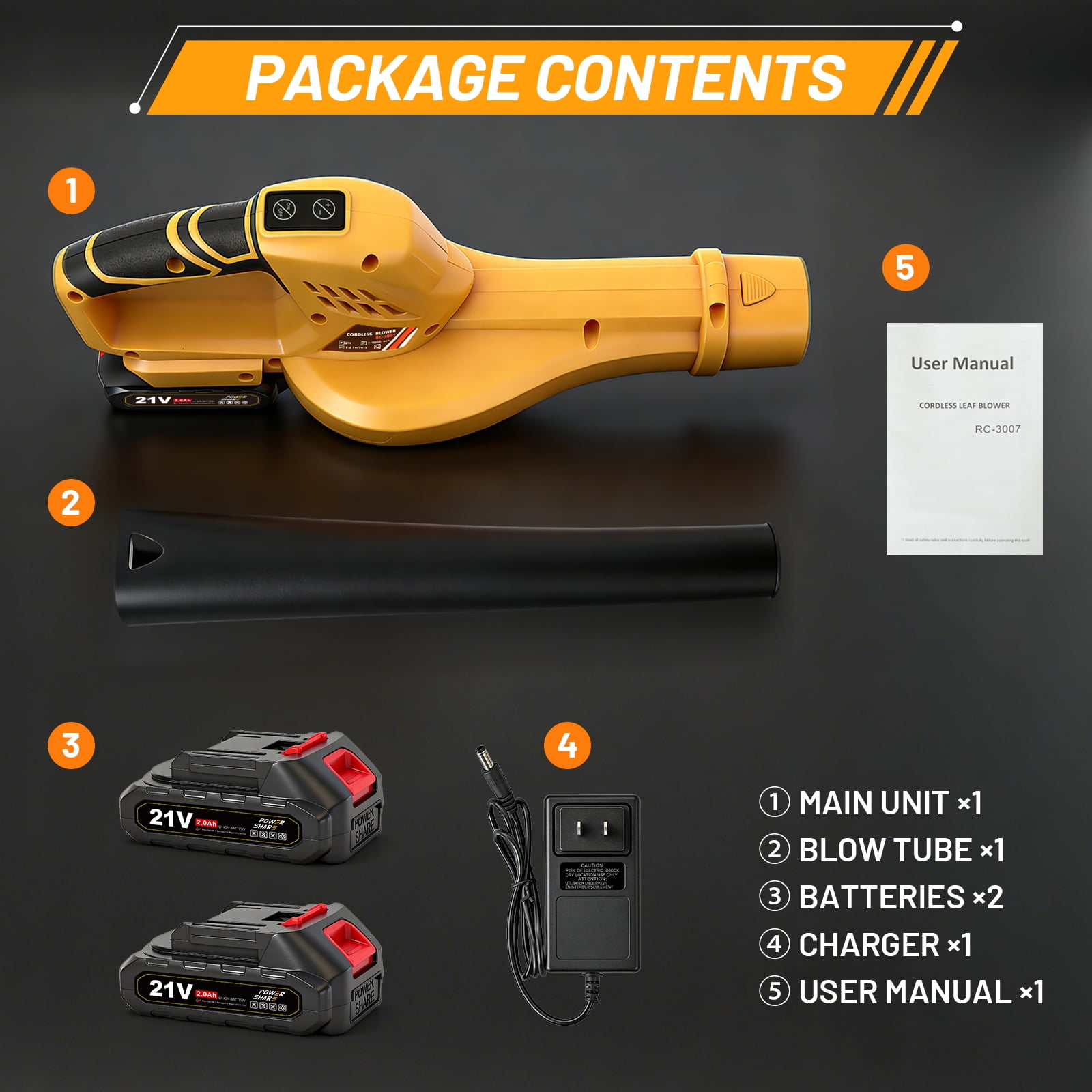 BAOKALER Cordless Leaf Blower, 6-Speed Electric Sweeper with 2 Batteries (Yellow, 3.5 lb) sw07u