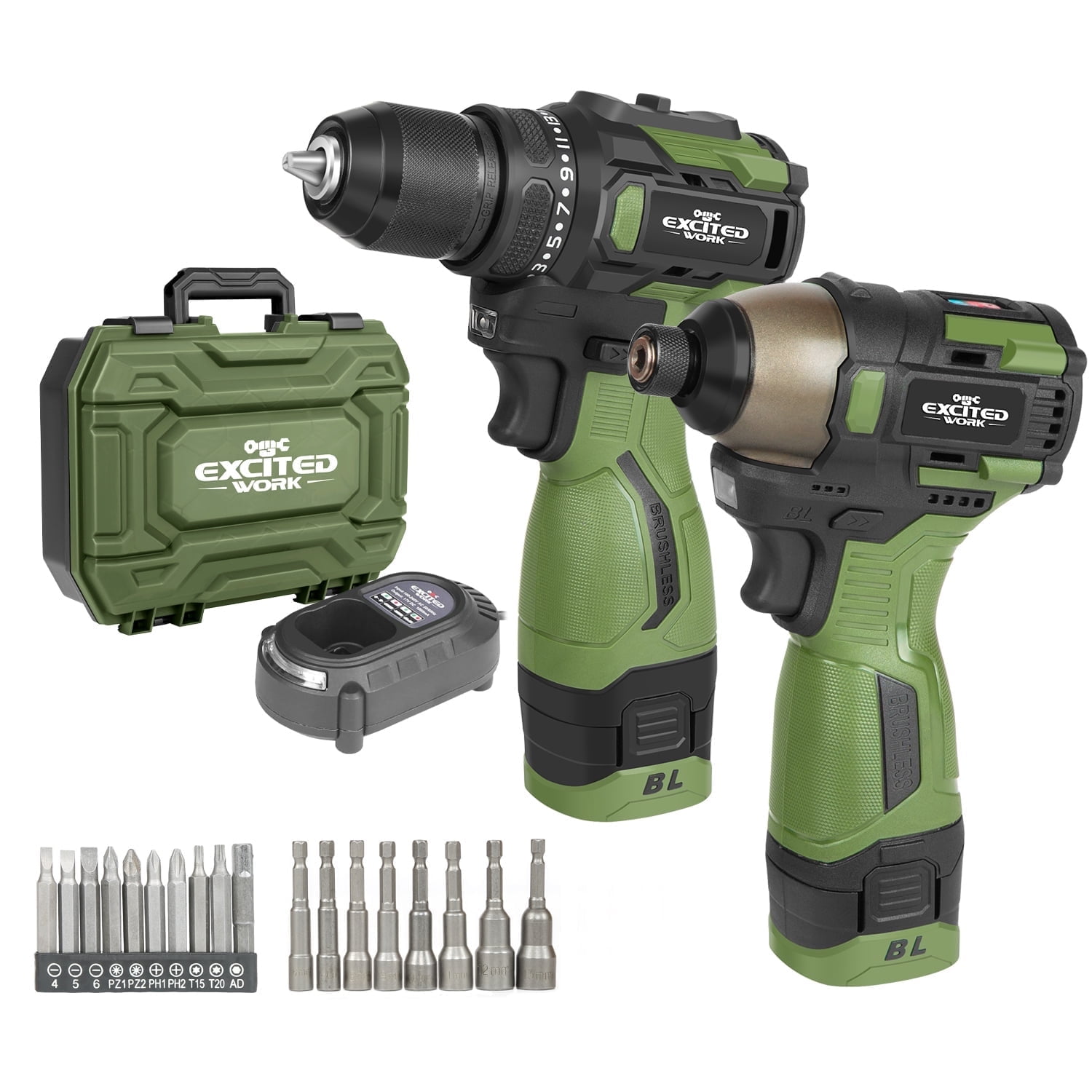 EXCITED WORK Brushless Cordless Drill and Impact Driver Combo Kit (17V, 2-Piece Set) 12otx