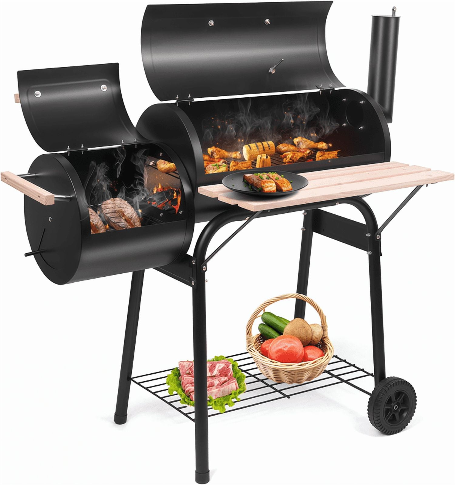 Gundir Charcoal Grill with Offset Smoker, Outdoor BBQ Grill with Thermometer and Adjustable Damper (Black, 44 in) zzc60