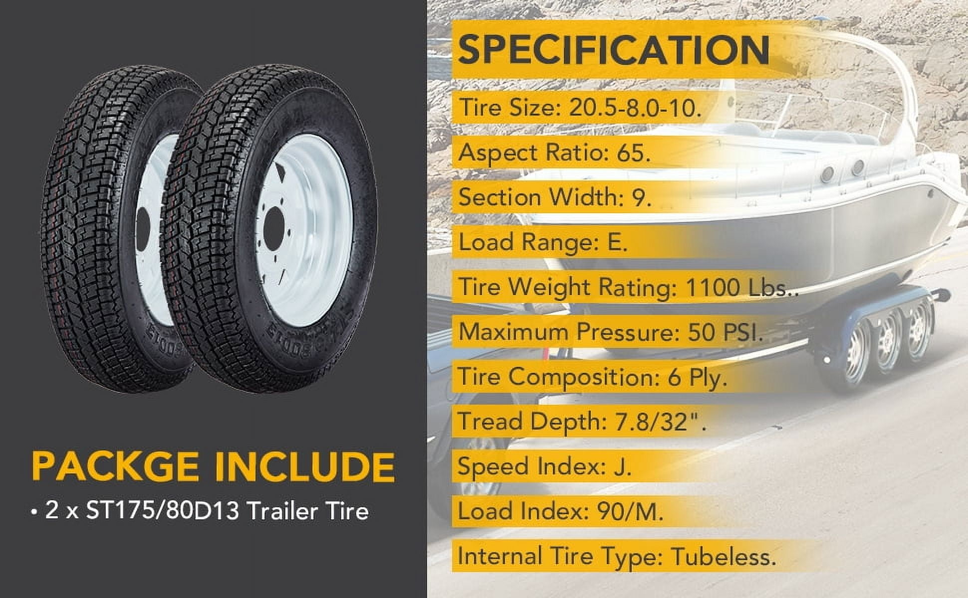 Maritcute ST175/80D13 Trailer Tires and Rims Set (White, 13 in, 2 Pack) ot4xd