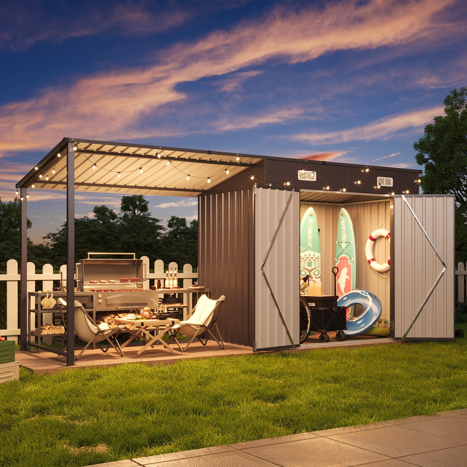 CLOUDDWELL Metal Storage Shed with Hardtop Pergola (Black, 153 in x 50 in x 73 in) zimnn
