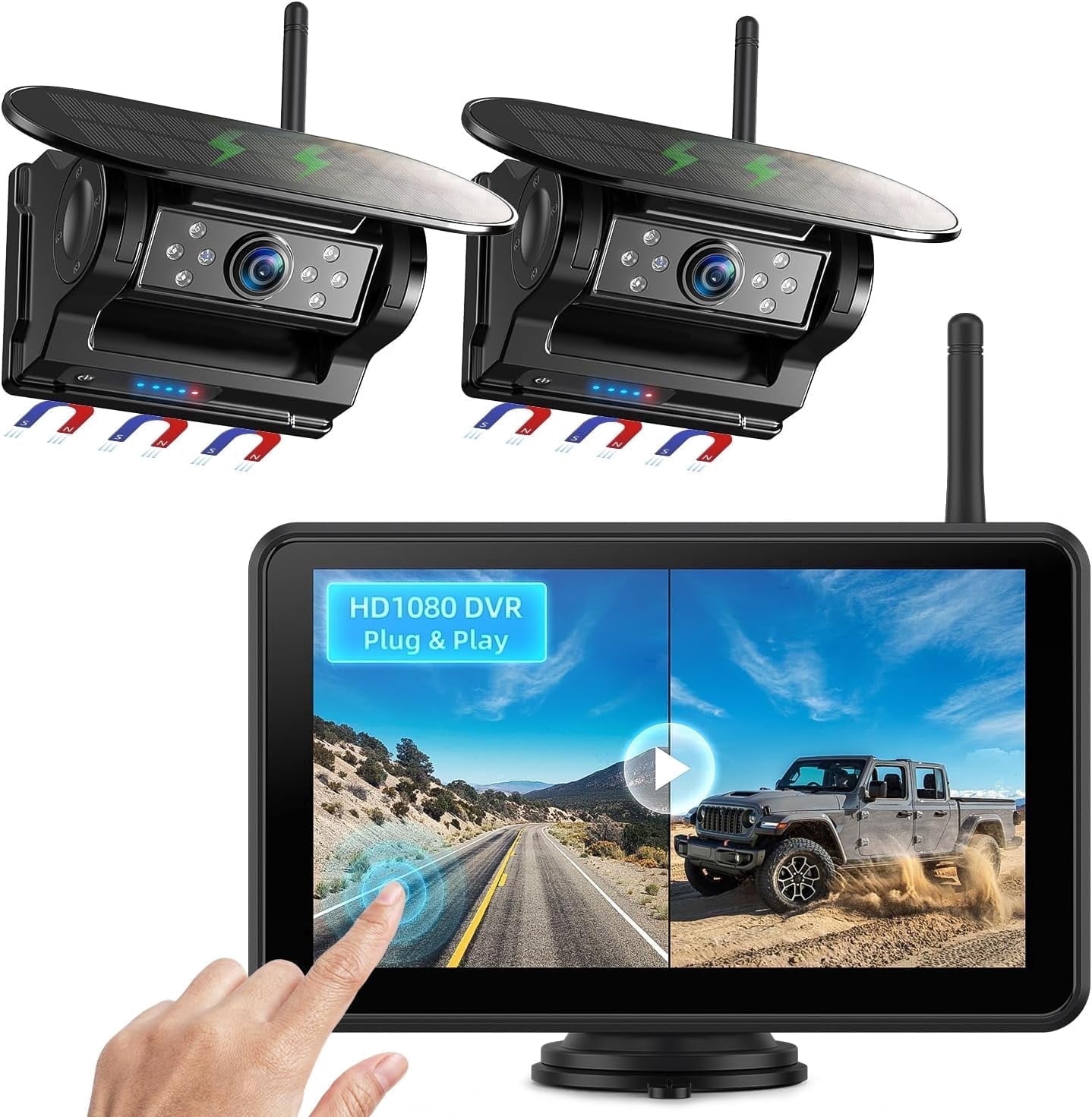 eRapta Magnetic Solar Wireless Backup Camera System (7 in 1080P Touchscreen, Dual Cameras, Black) o9zmu