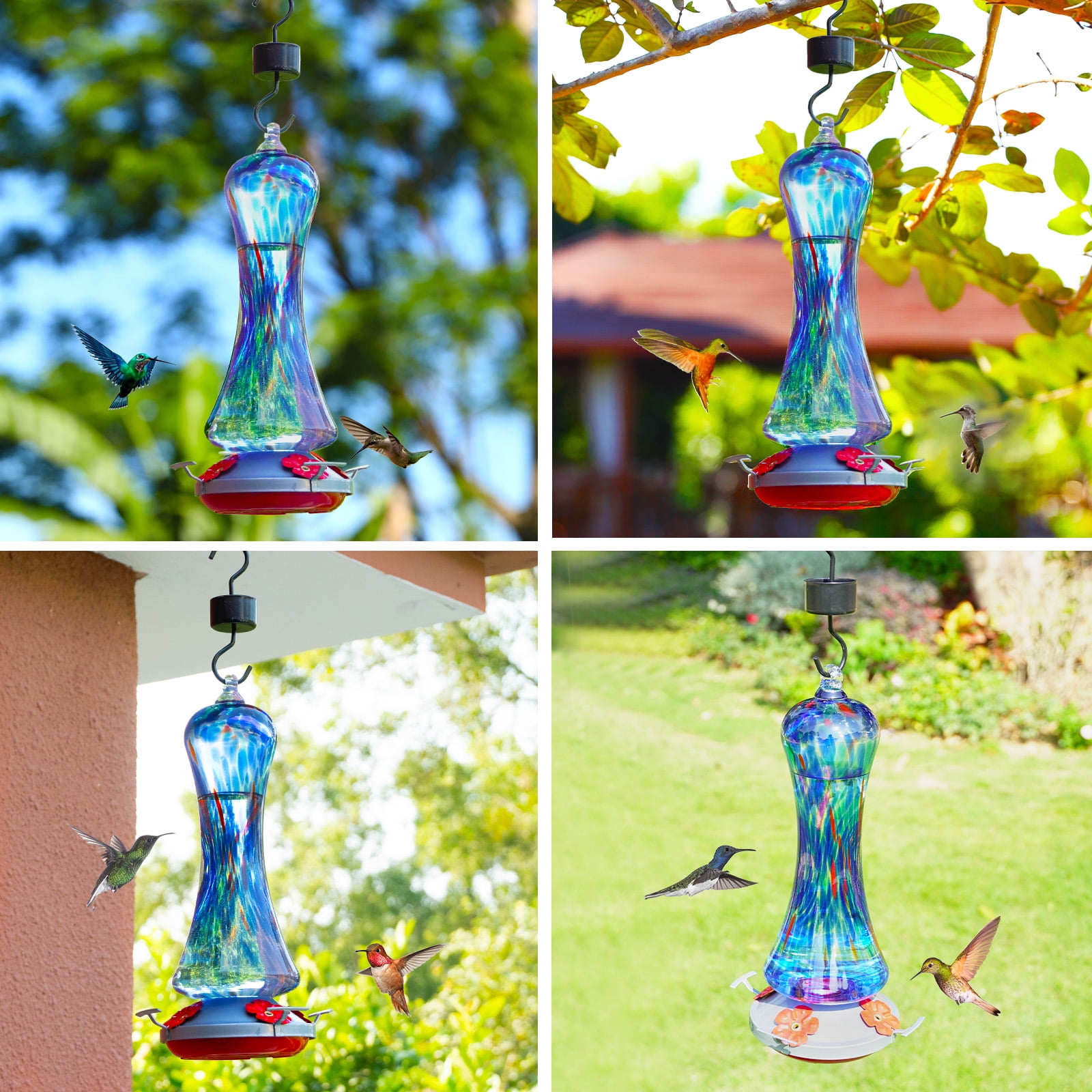 BirdKiss Hand-Blown Glass Hummingbird Feeder for Garden and Patio (Red, 16 oz) wjb7g