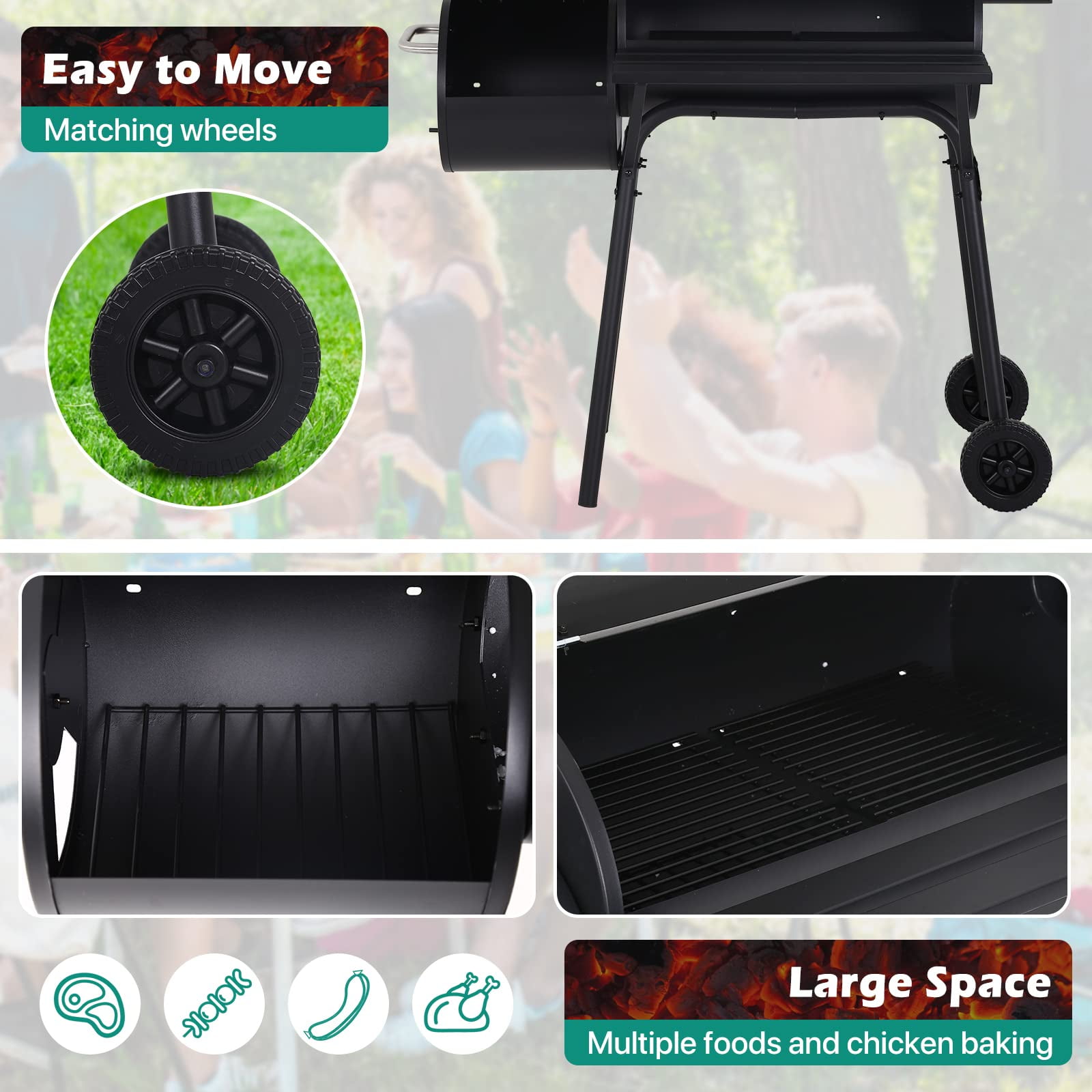 NiamVelo Charcoal Grill Offset Smoker with Cover, Portable Outdoor BBQ Grill for Backyard Camping (Black, 43.3 in x 24 in x 44.5 in) bjag9