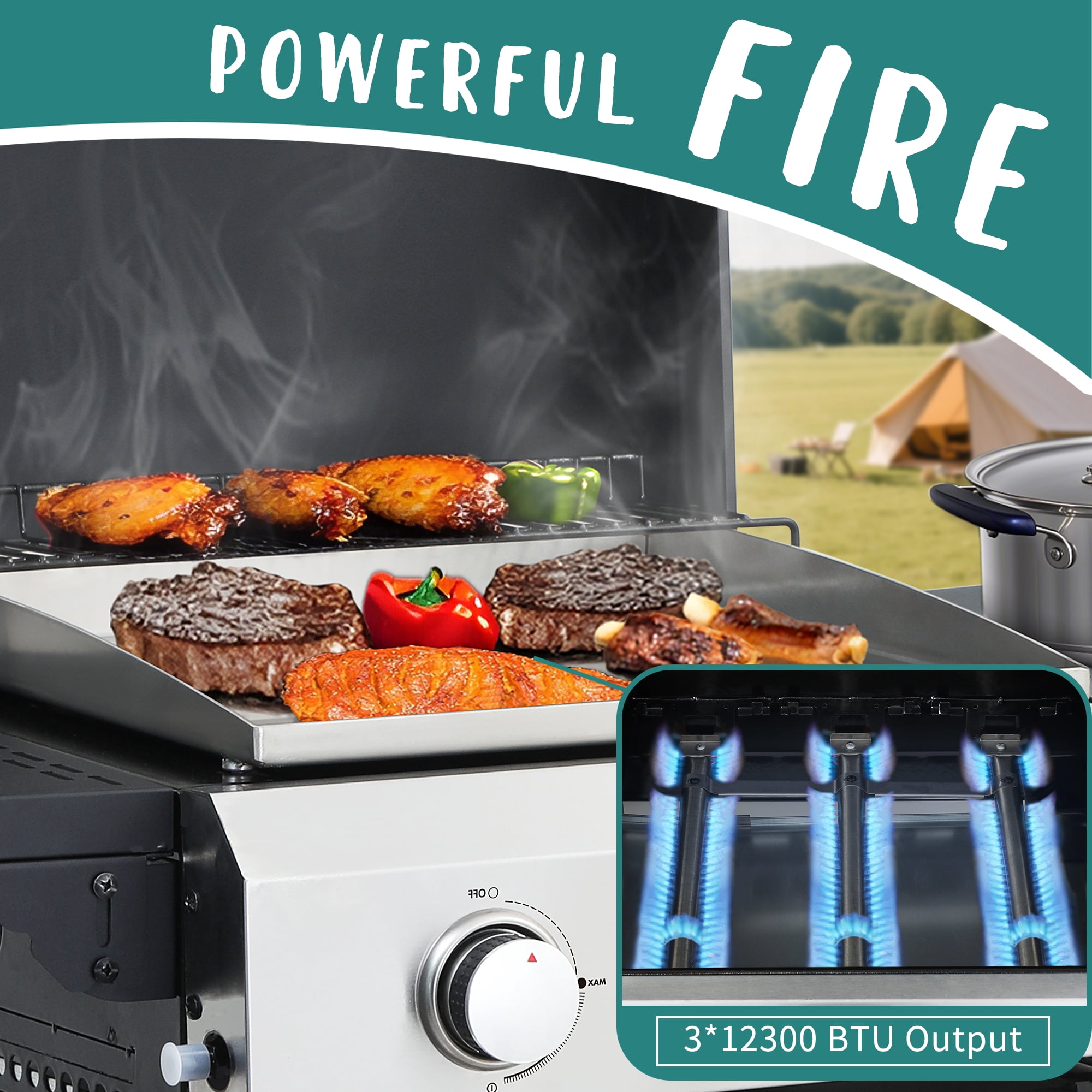 Nice Coker 3-Burner Propane Gas Grill with Griddle Combo, Outdoor BBQ Station with Folding Side Table (Silver, 36,900 BTU) g1qvo