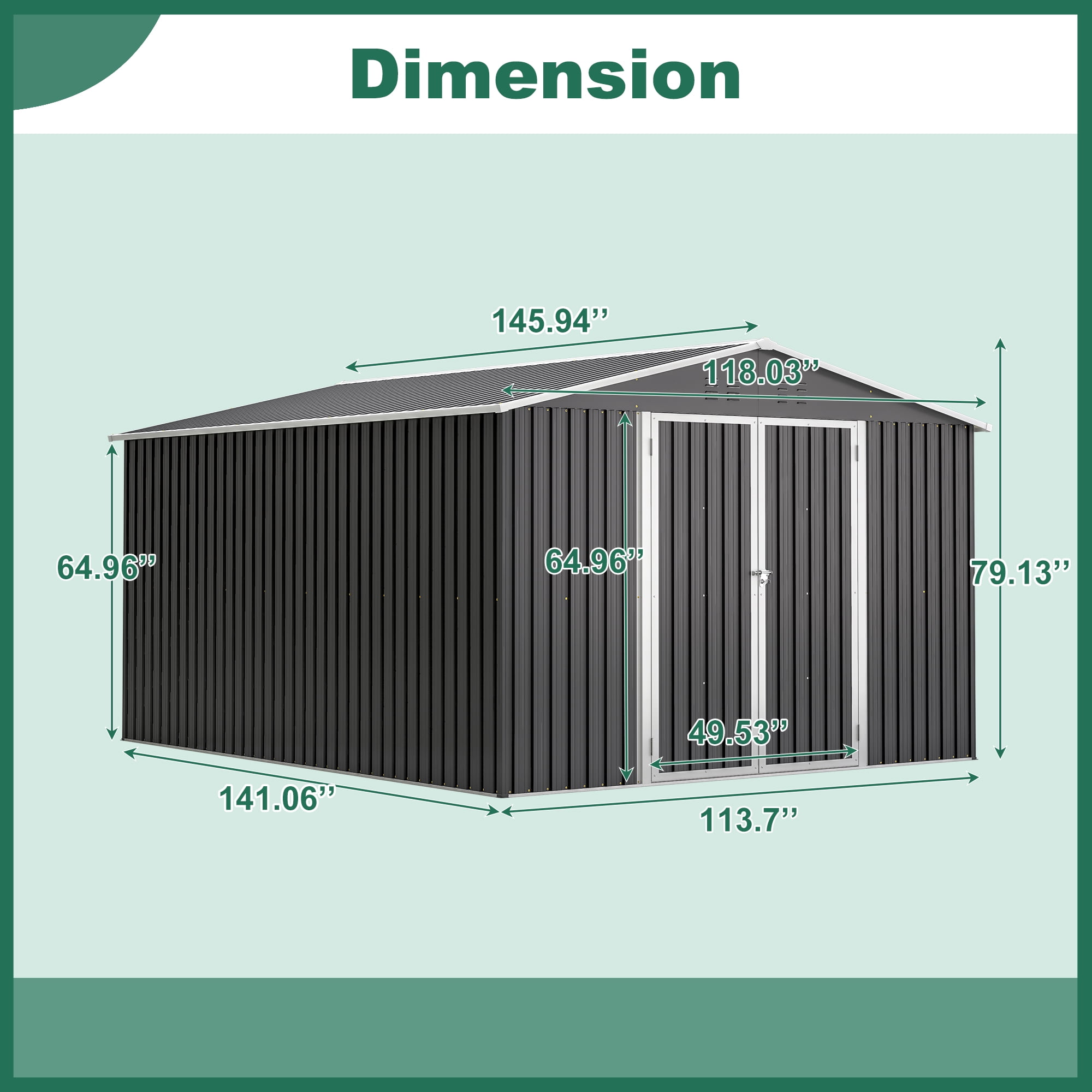 MAYEERTY Outdoor Metal Storage Shed, Galvanized Steel Tool Organizer with Sloped Roof and Lockable Doors (Black, 8 ft x 8 ft) yfgkq