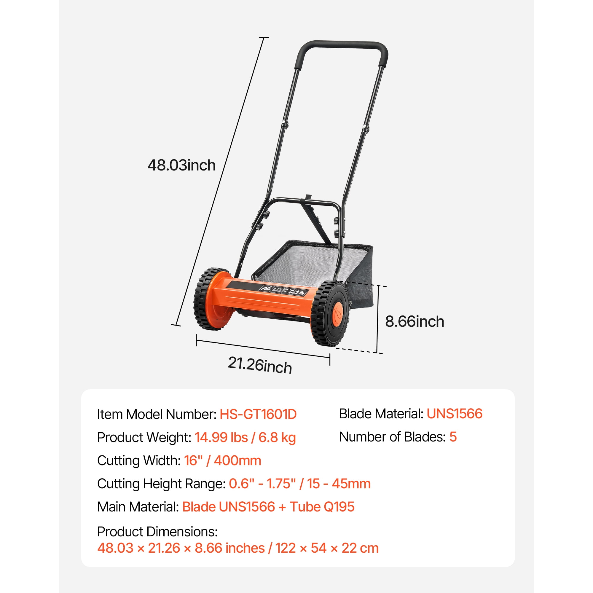 KFFKFF Manual Push Reel Lawn Mower, 5-Blade Cutting System, Adjustable Height, Includes Grass Collection Bag (16 in) eooyu